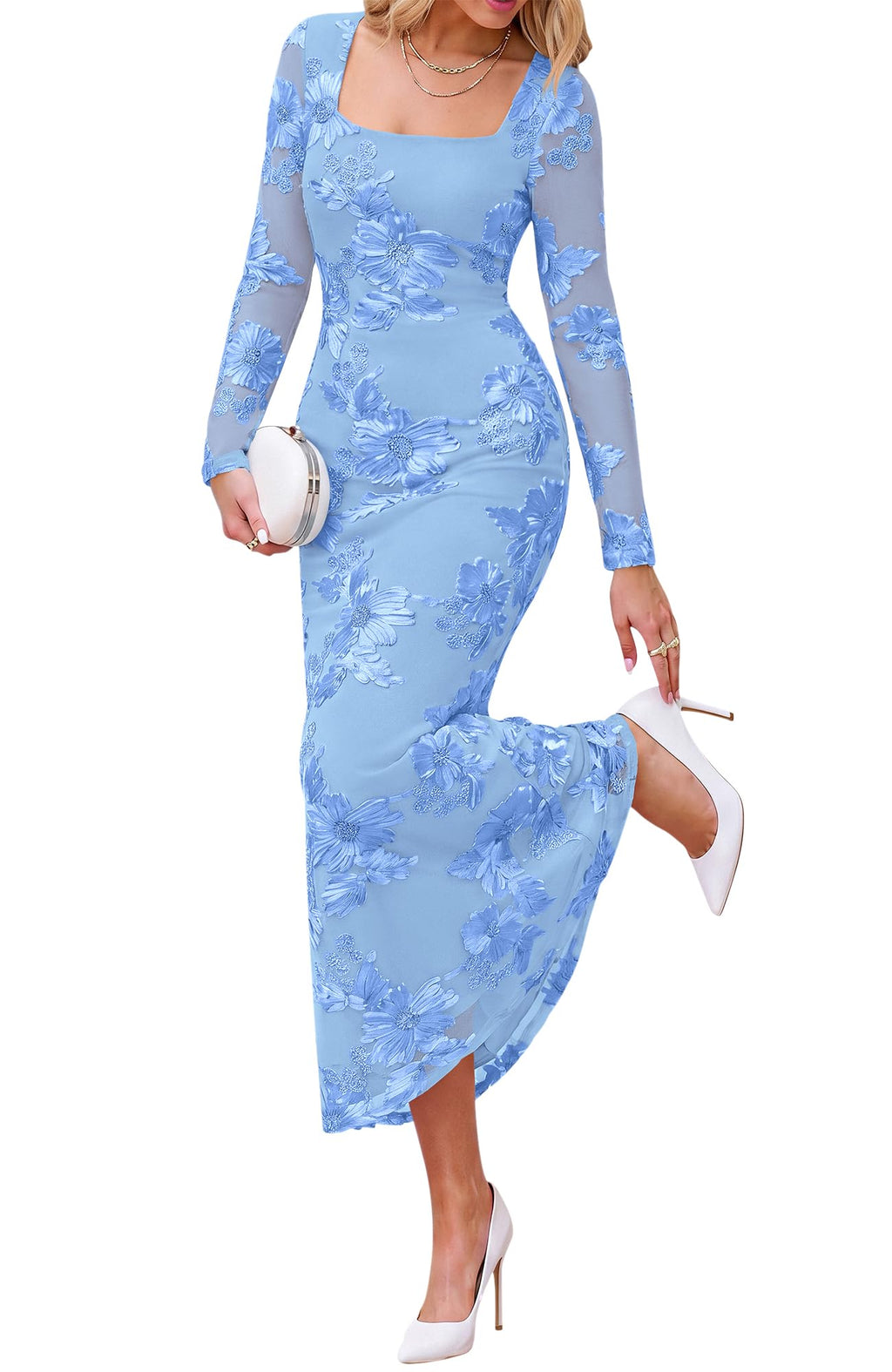 BTFBM Womens Long Sleeve Bodycon Floral Mesh Maxi Fall Wedding Guest Dress Semi Formal Dresses For Bridal Shower, Engagement, Cocktail, Homecoming, Prom, Birthday Party, Date Night Outfits, Lined