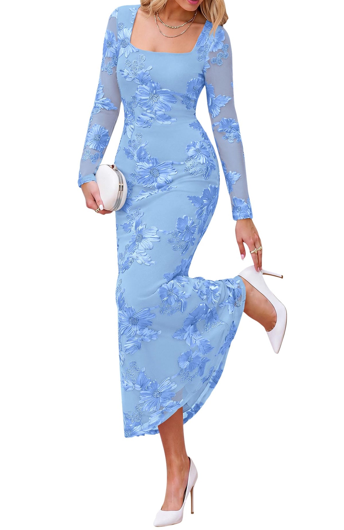 BTFBM Womens Long Sleeve Bodycon Floral Mesh Maxi Fall Wedding Guest Dress Semi Formal Dresses For Bridal Shower, Engagement, Cocktail, Homecoming, Prom, Birthday Party, Date Night Outfits, Lined