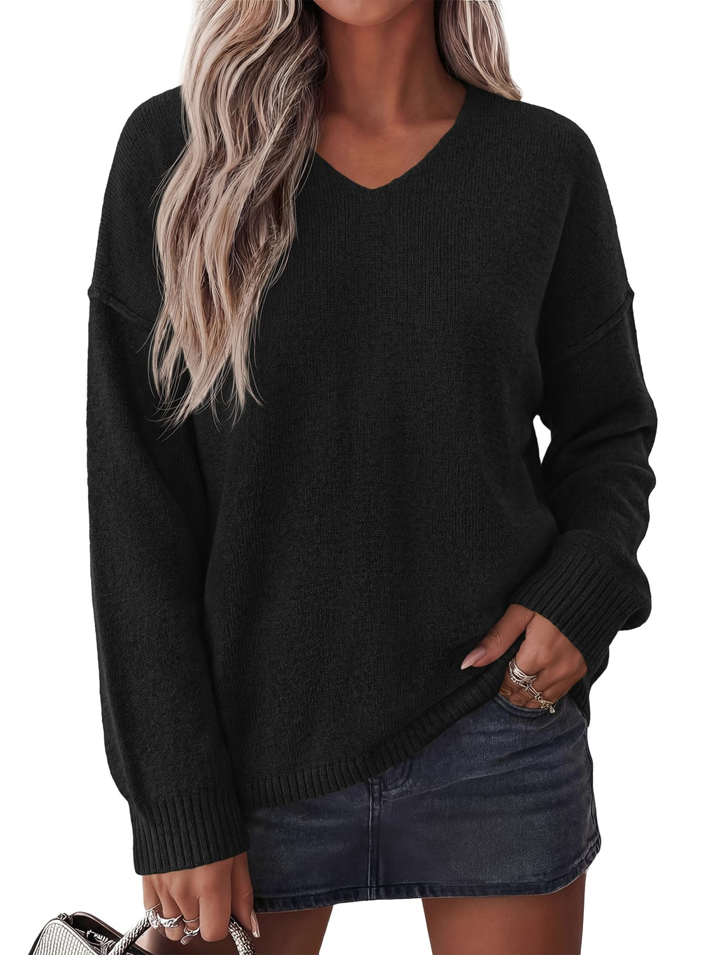 BTFBM Women's Loose Knitted Casual Sweaters | V Neck,Long Sleeve Sweater,Slouchy Pullover Tops,Fall Winter Clothes