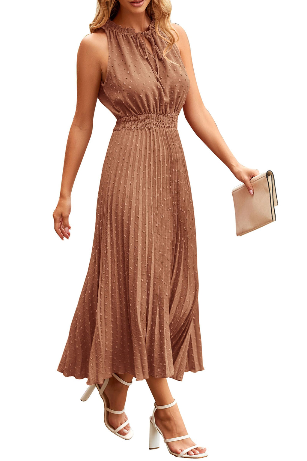 PRETTYGARDEN Women's Midi Summer Dresses Casual V Neck Swiss Dot Ruffle Sleeveless A Line Beach Sun Dress