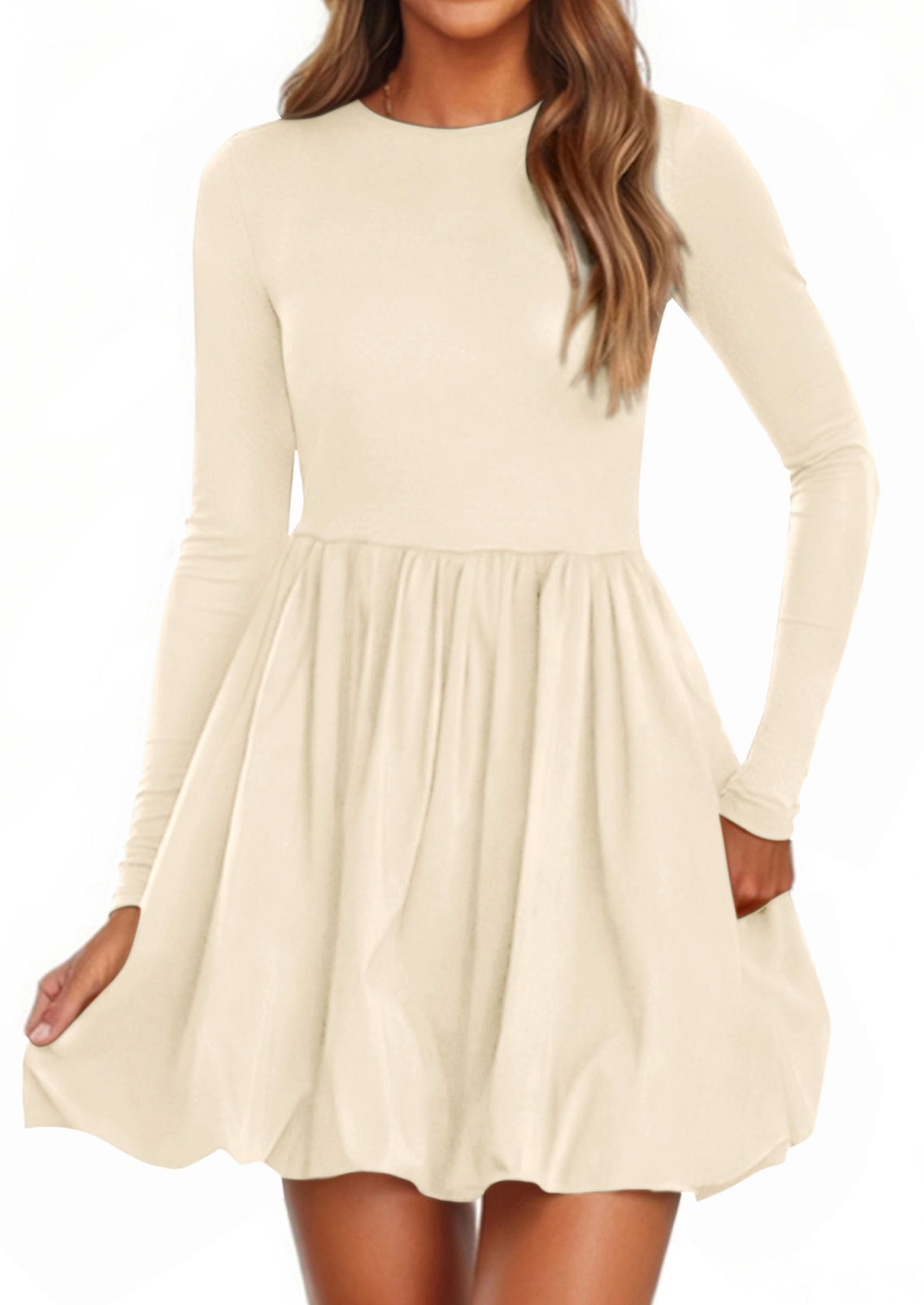 PRETTYGARDEN Fall Dresses for Women Casual Long Sleeve Bubble Cute Crew Neck A Line Mini Short Dress with Pockets