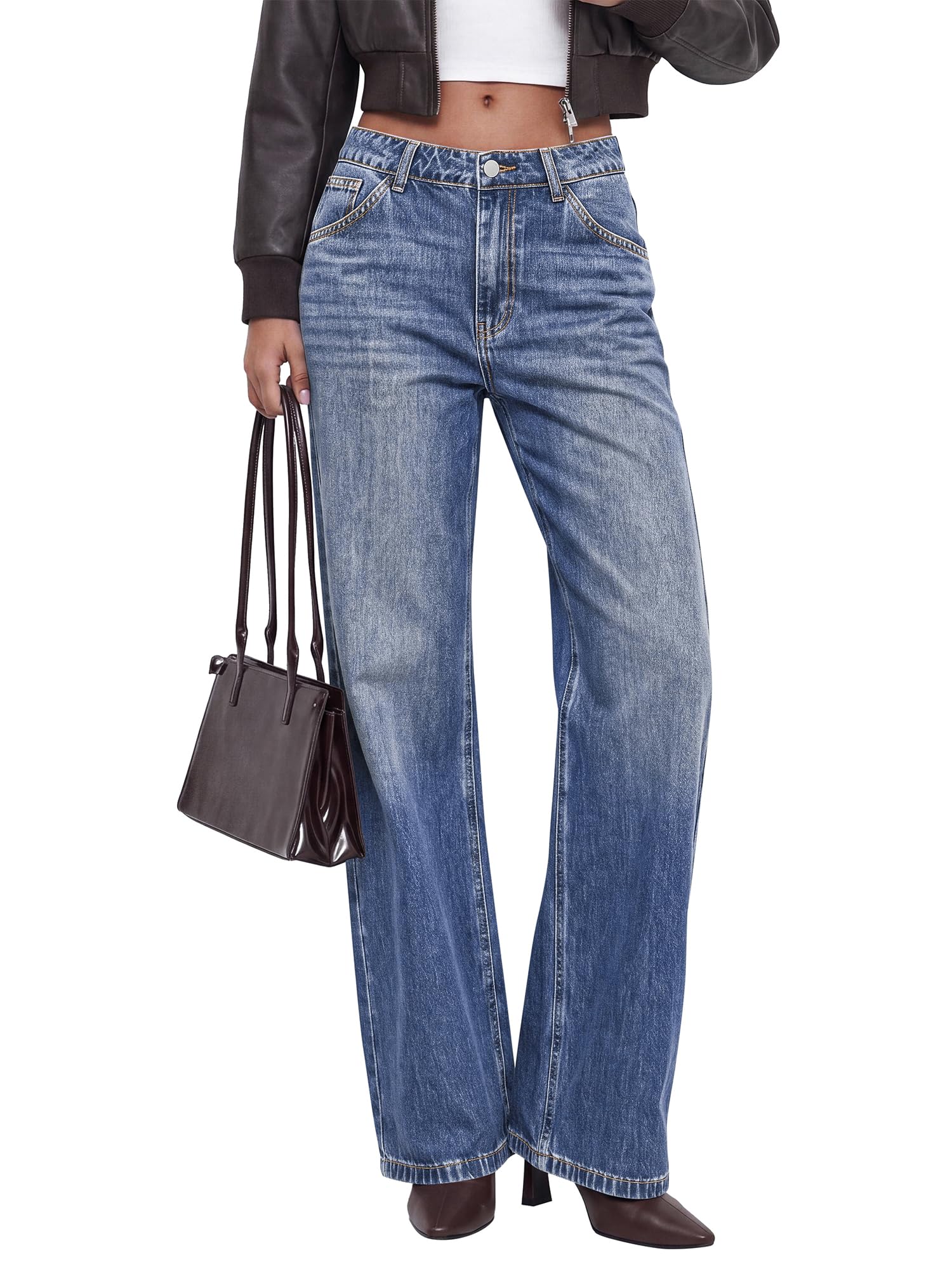 BTFBM Women Casual Straight Leg Jeans Trendy High Waisted, Pockets, Long Denim Pants, Slacks, Bottoms, Vacation Outfits, Travel Airport, Fashion Clothes, Fall Winter