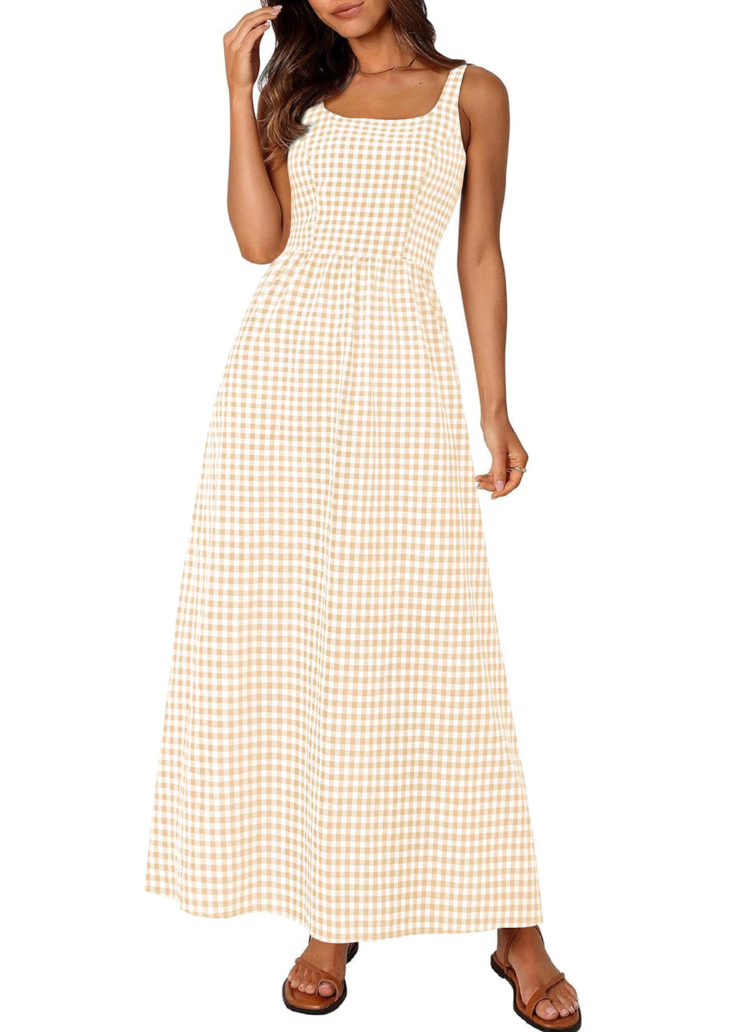 PRETTYGARDEN Women's Summer Spaghetti Strap Maxi Dresses Plaid Square Neck A Line Casual Beach Vacation Long Sundress