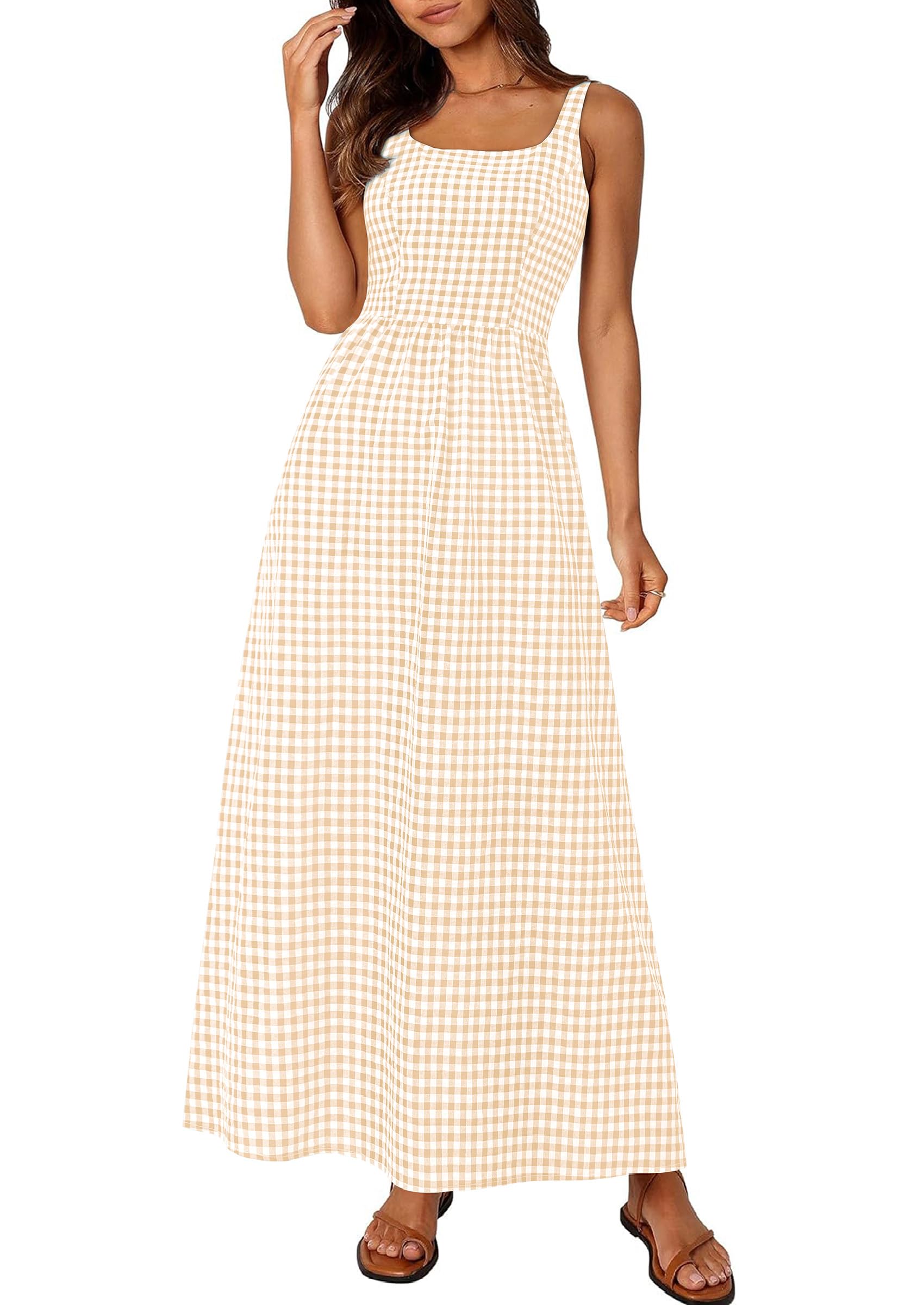 PRETTYGARDEN Women's Summer Spaghetti Strap Maxi Dresses Plaid Square Neck A Line Casual Beach Vacation Long Sundress