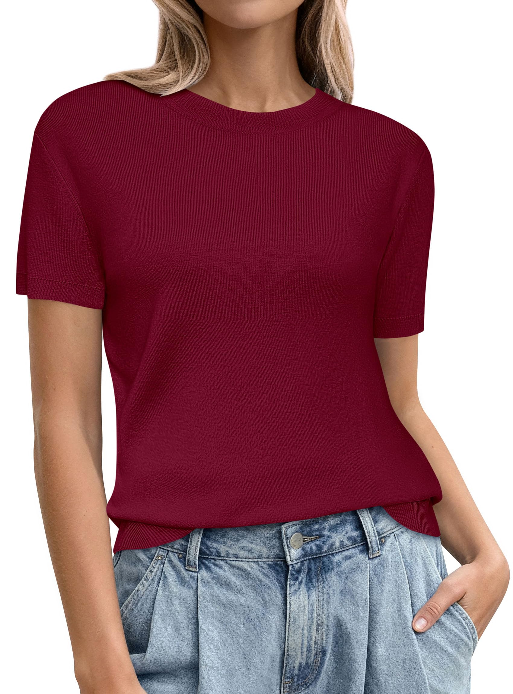 PRETTYGARDEN Women's Short Sleeve Sweaters Spring Crew Neck Knit Work Shirts Business Casual Tops Summer Fashion Clothes
