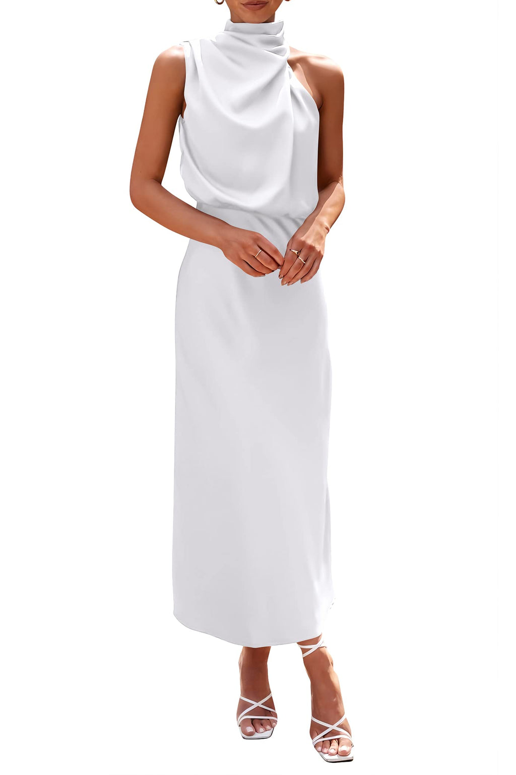 PRETTYGARDEN Women's Summer Satin Dress Elegant Sleeveless Mock Neck Cocktail Party Maxi Dresses