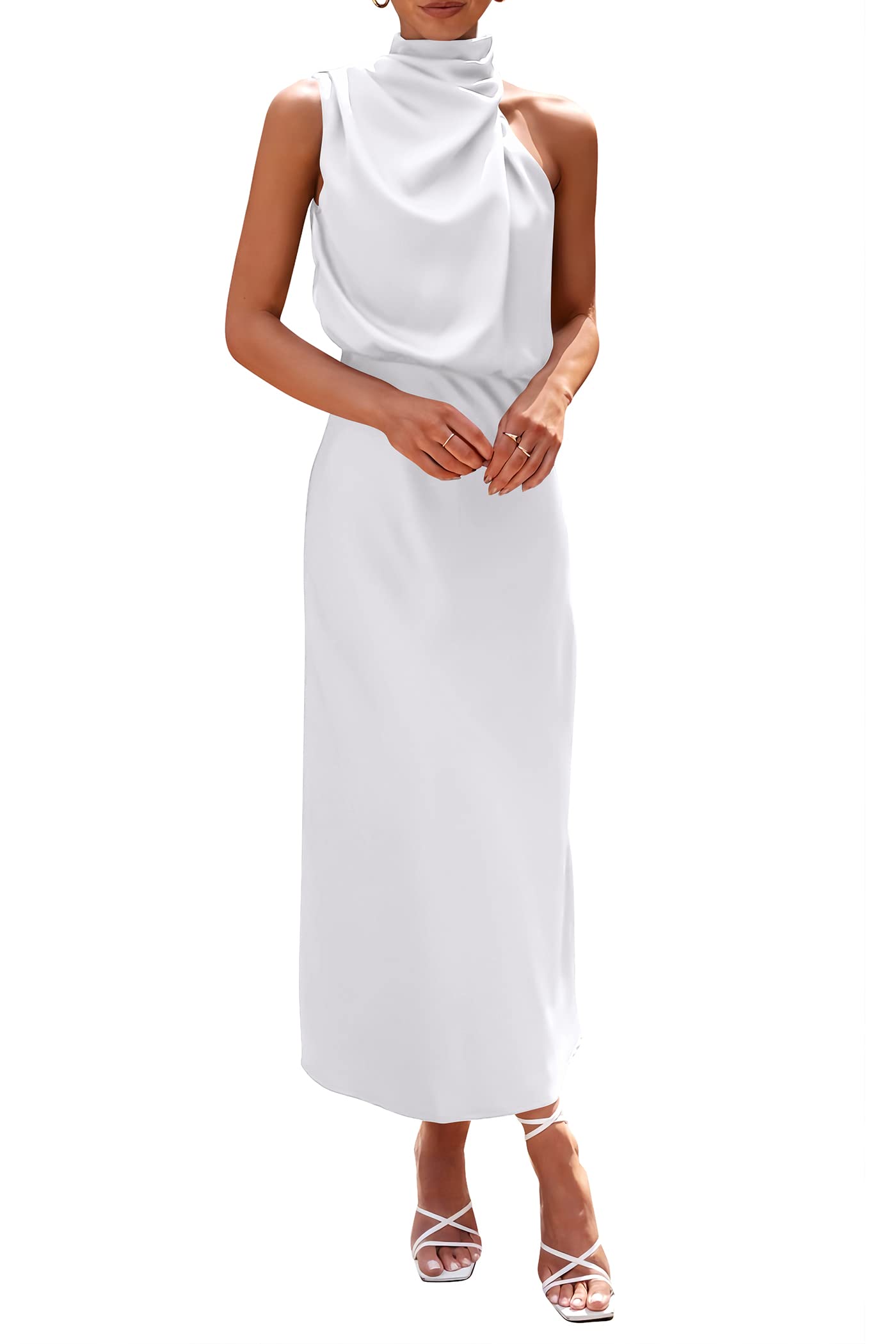 PRETTYGARDEN Women's Summer Satin Dress Elegant Sleeveless Mock Neck Cocktail Party Maxi Dresses