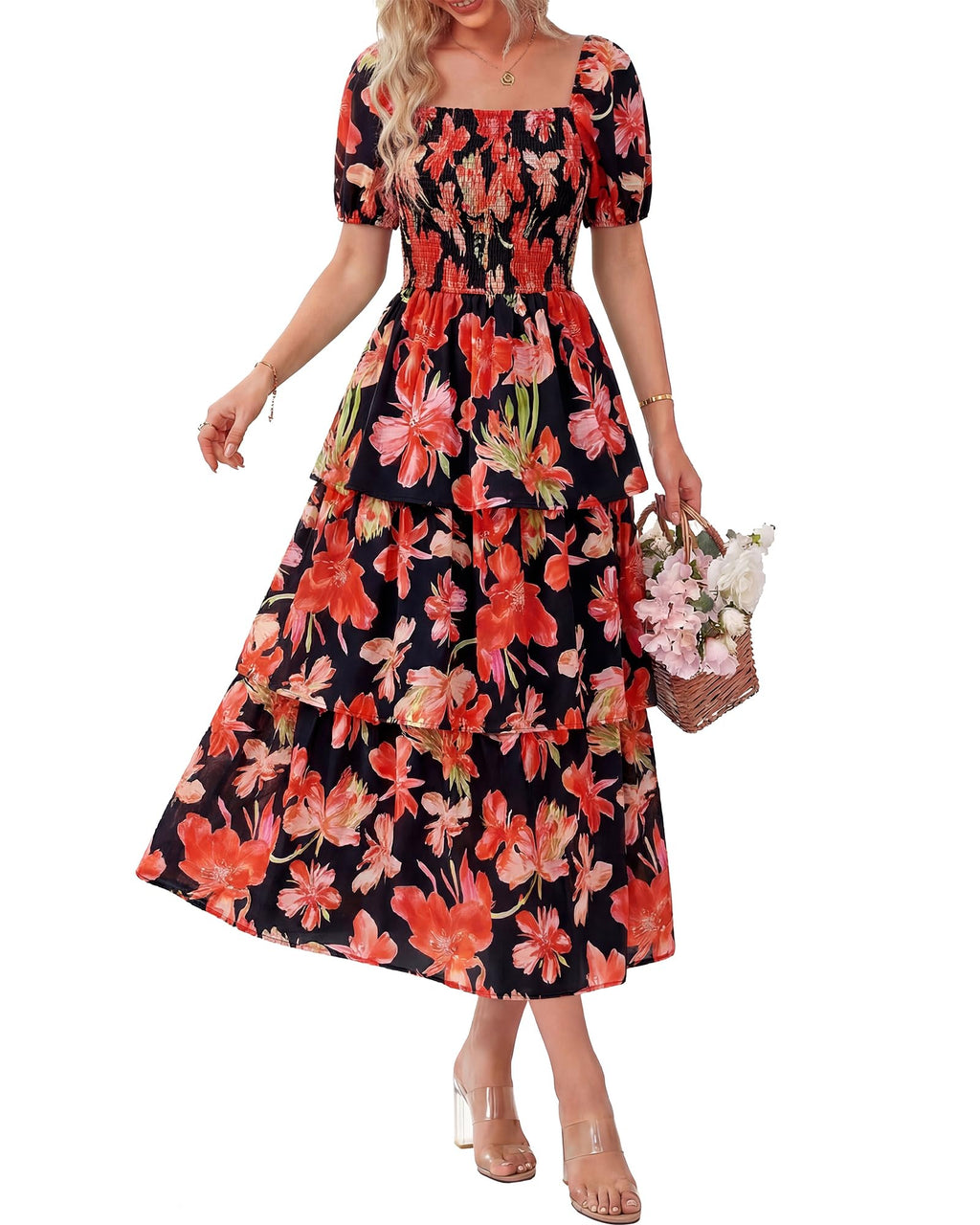 BTFBM Womens Square Neck Smocked Dress Summer Puff Short Sleeve Floral Casual Ruffle Tiered Maxi Wedding Guest Dresses