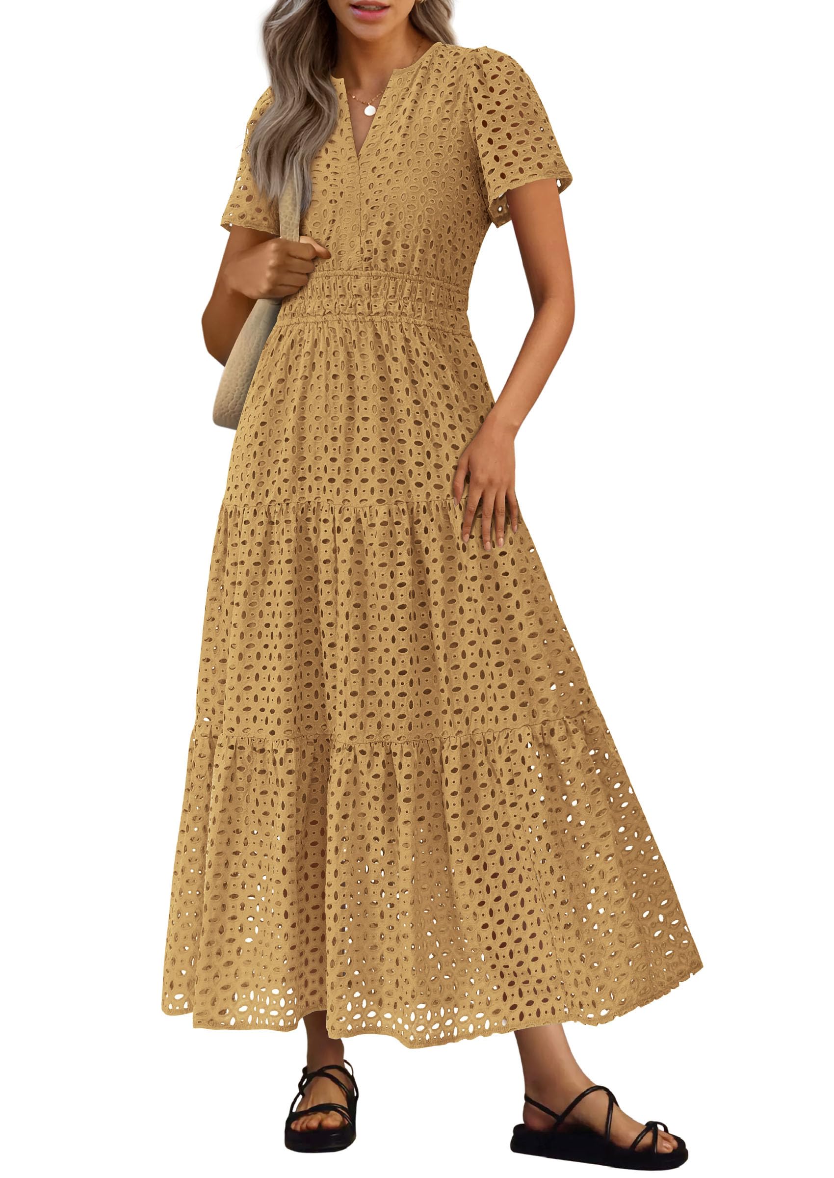 PRETTYGARDEN Womens Summer Maxi Dress Short Sleeve V Neck Hollow Out Eyelet A Line Long Flowy Beach Vacation Dresses