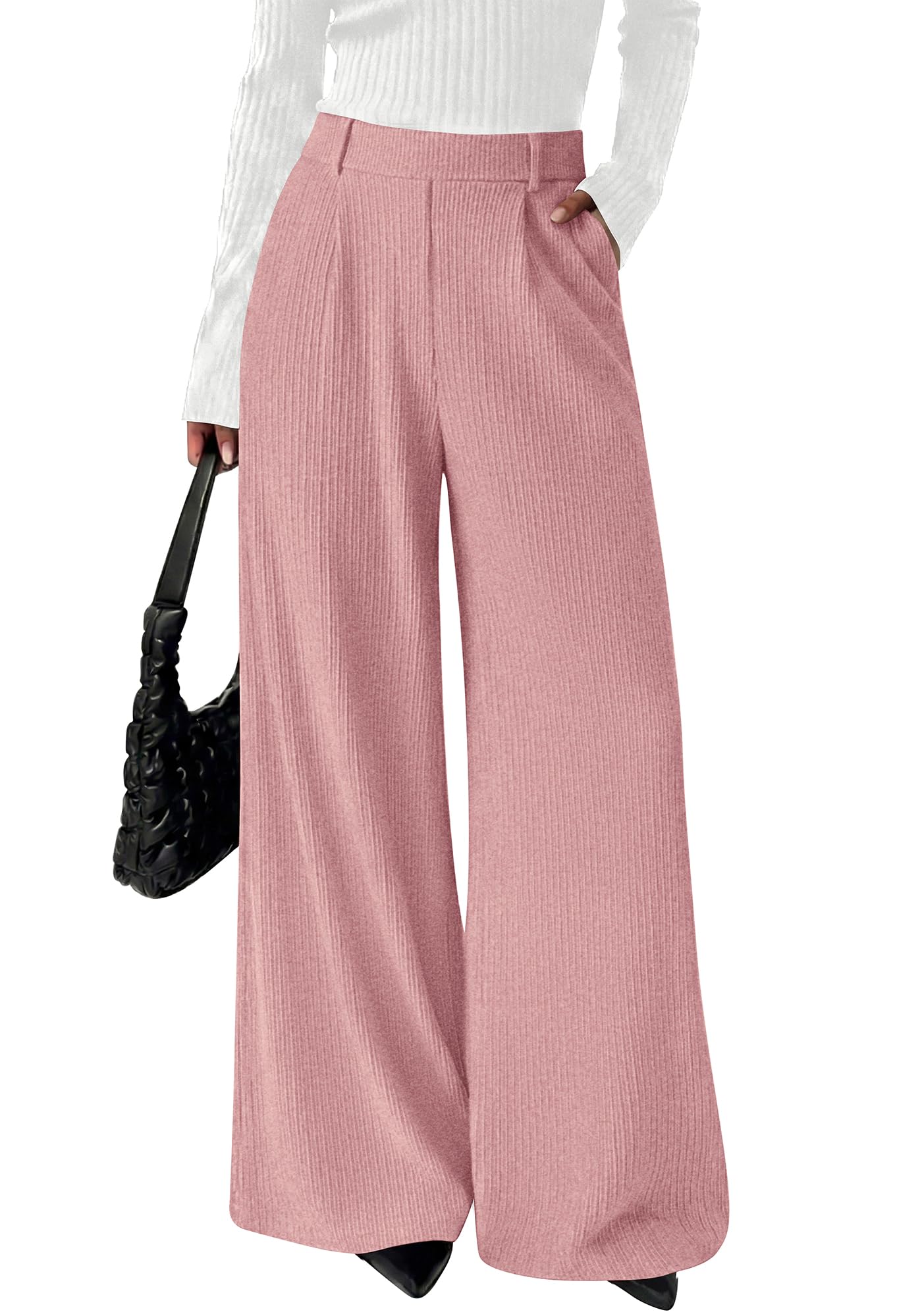 BTFBM Wide Leg Pants for Women Dressy Work Business Casual Elastic High Waisted Trousers Ribbed Lounge Palazzo Pants