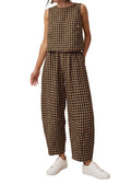 PRETTYGARDEN Womens 2 Piece Sets Summer Plaid Sleeveless Tops Wide Leg Pants Matching Lounge Set Beach Vacation Outfits