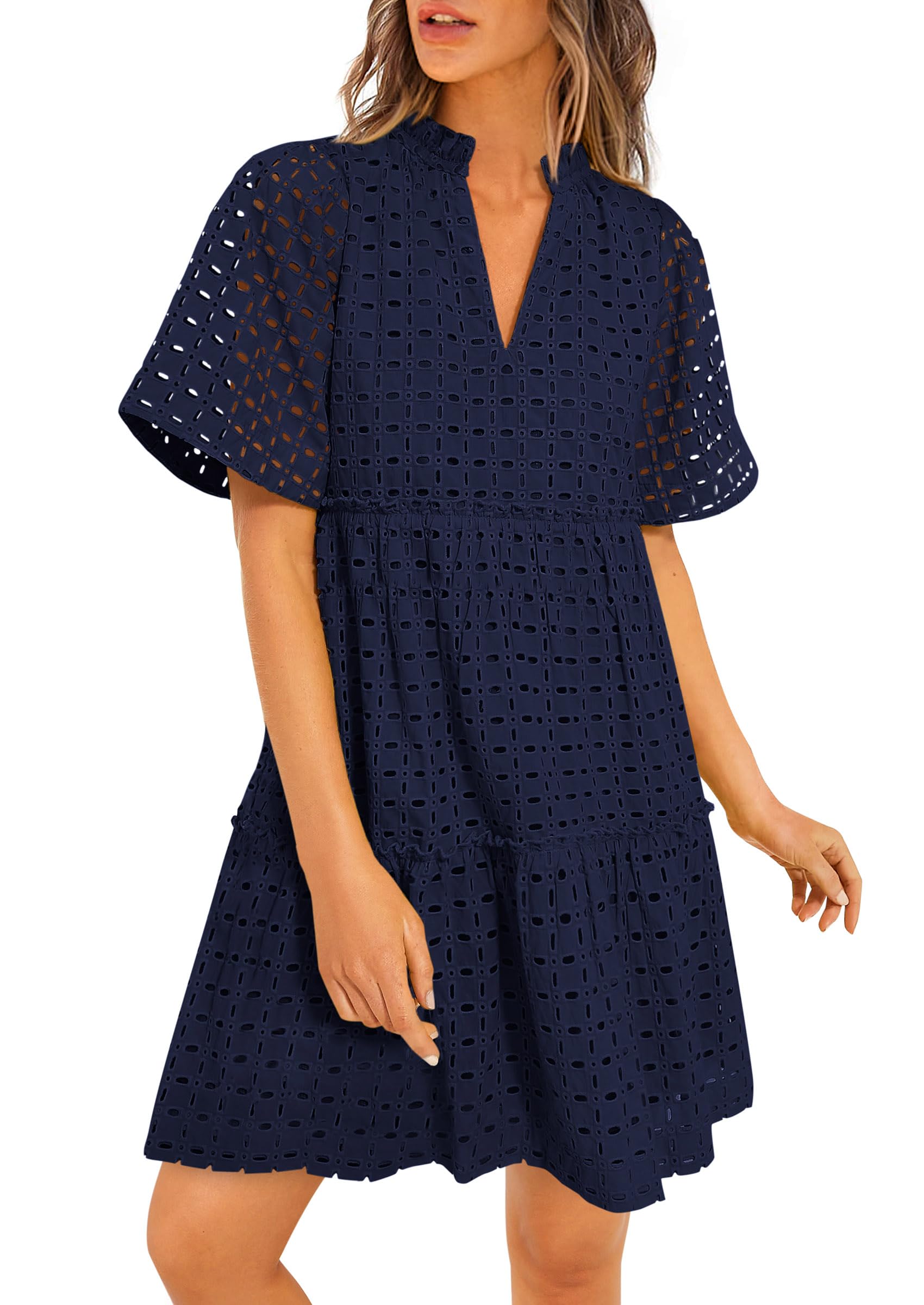 PRETTYGARDEN Eyelet Dresses for Women Summer Short Sleeve V Neck Hollow Out Ruffle A Line Boho Beach Vacation Mini Dress