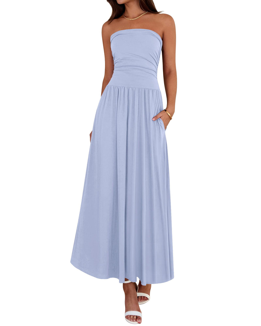 BTFBM Summer Maxi Dresses for Women Strapless Ruched Tube Top Beach Vacation Spring Wedding Guest Dress Pockets