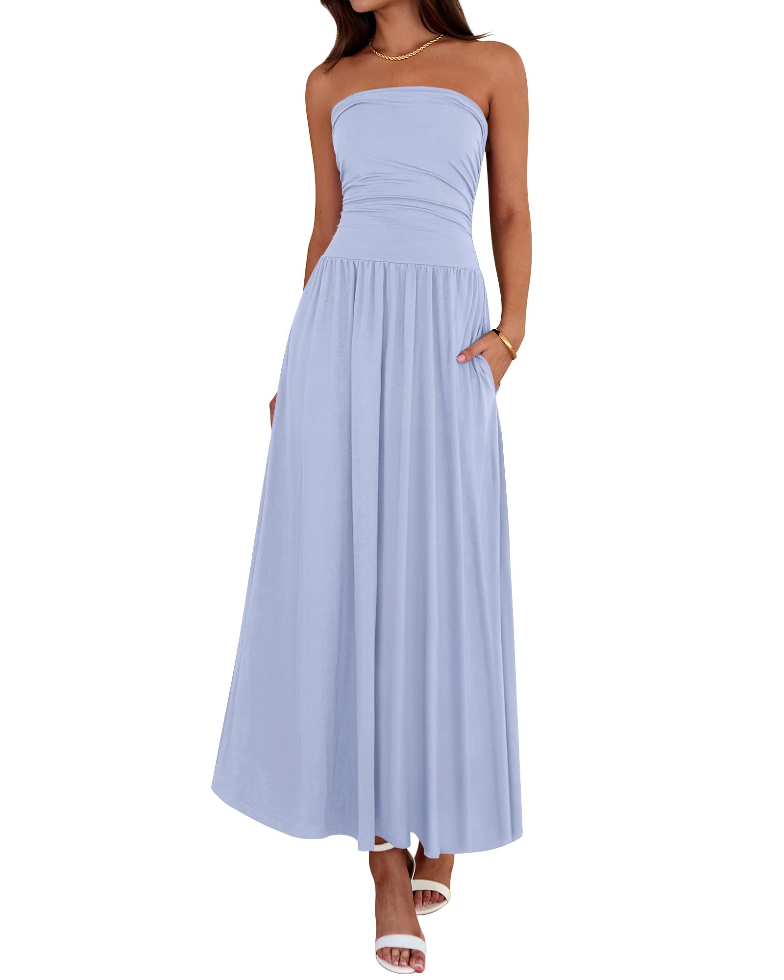 BTFBM Summer Maxi Dresses for Women Strapless Ruched Tube Top Beach Vacation Spring Wedding Guest Dress Pockets