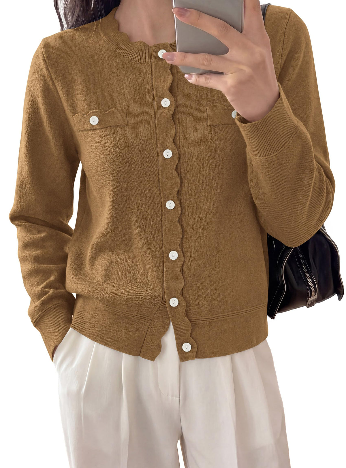 PRETTYGARDEN Cardigan Sweaters for Women Scalloped Button Up Fall Outfits Soft Knit Long Sleeve Knit Tops,Crew Neck,Business Casual Outfits,Office Work Lightweight Sweater,Layers Clothes