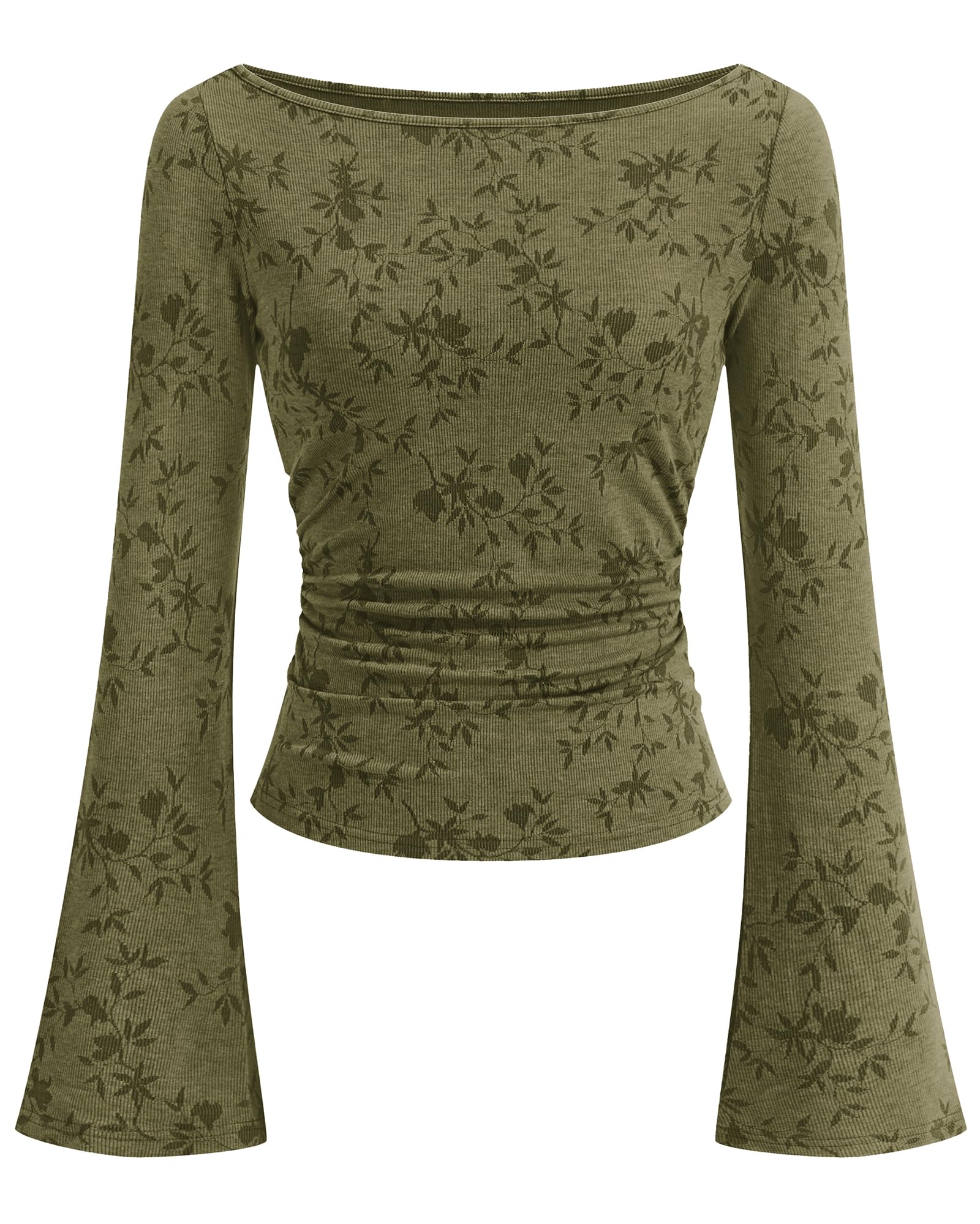 BTFBM Womens Bell Long Sleeve Boat Neck Floral Ribbed Knit Tops Stretchy Crop Tops for Women Trendy, Casual Y2K Going Out Top,Ruched Slim Fit Cute T Shirt,Fall Outfits,Fashion Clothing