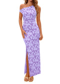 PRETTYGARDEN Womens Floral One Shoulder Maxi Dress Summer Spring Bodycon Ruched Side Slit Elegant Cocktail Party Dresses