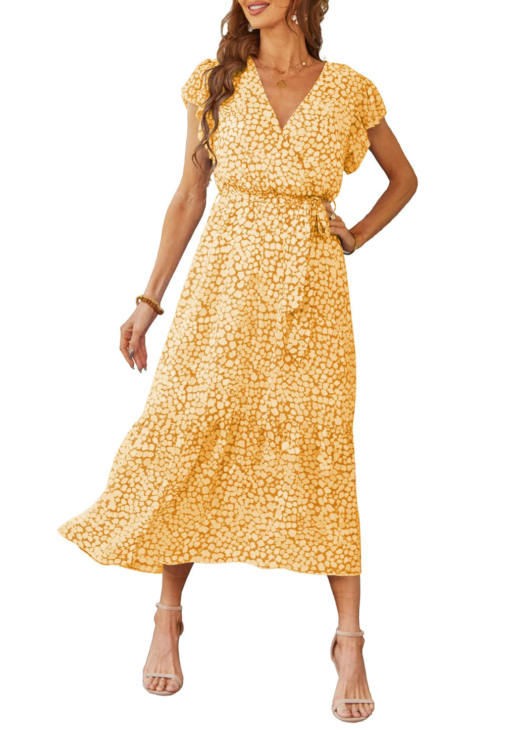 PRETTYGARDEN Women's Summer Floral Boho Maxi Dress Wrap Short Sleeve V Neck Ruffle A-Line Flowy Wedding Guest Long Dresses