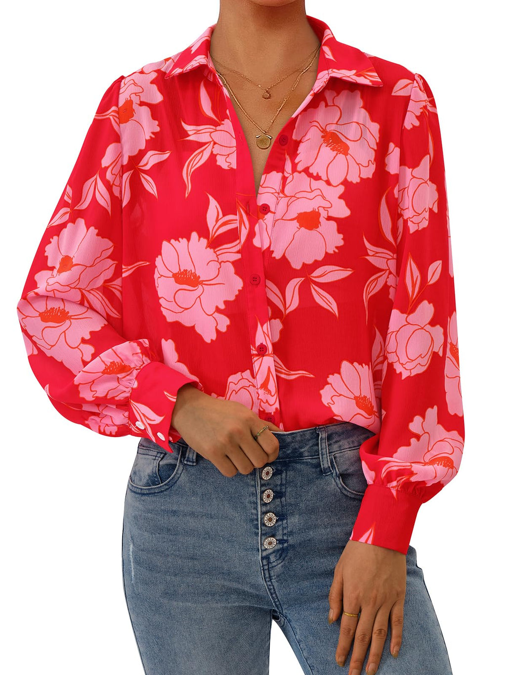 PRETTYGARDEN Women's Floral Blouses Dressy Casual V Neck Button Down Shirts Lantern Long Sleeve Boho Chiffon Spring Tops