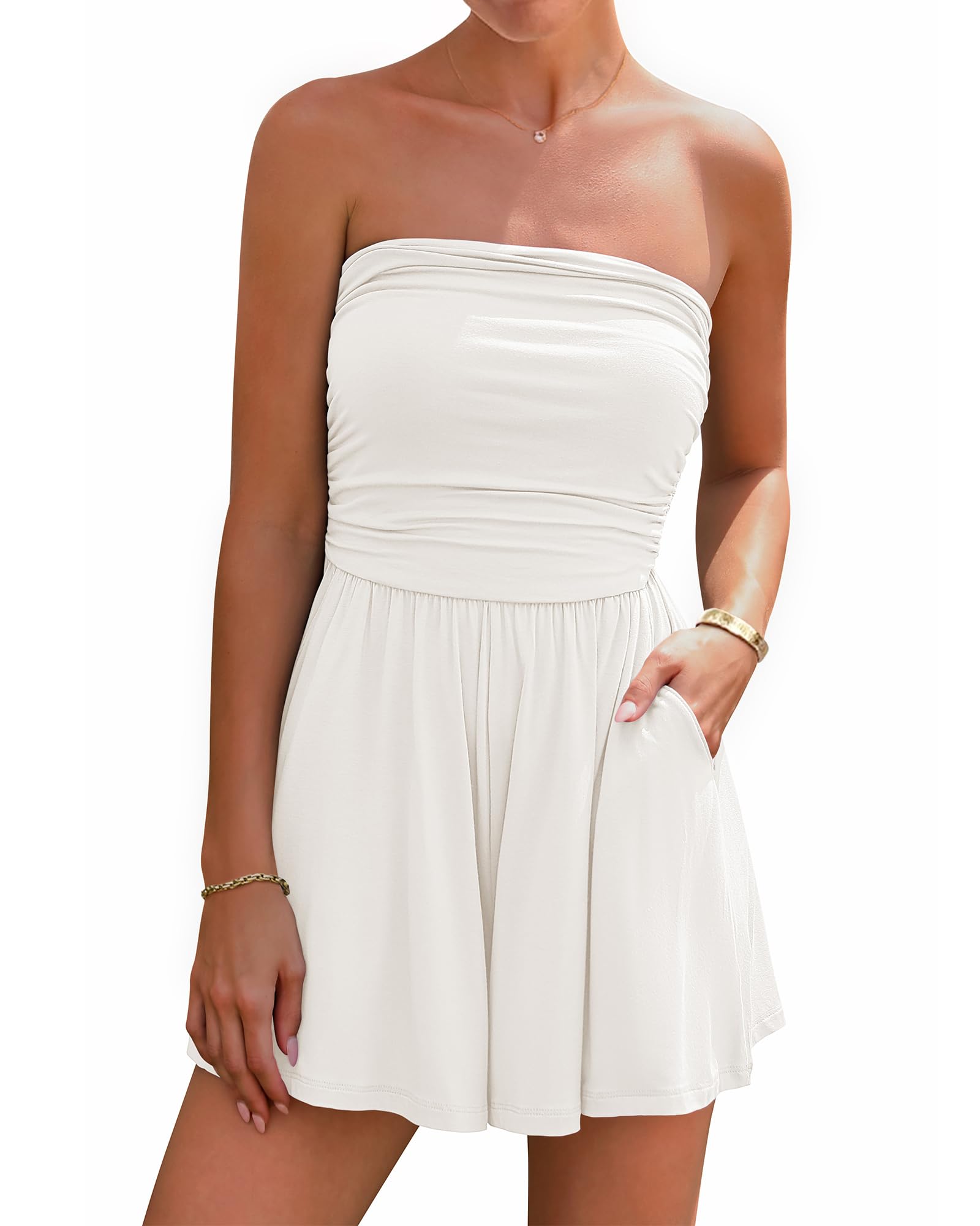 BTFBM Womens Romper Spring Summer Strapless Tube Tops Beach Vacation Clothes Boho Loose Shorts Jumpsuits Pockets