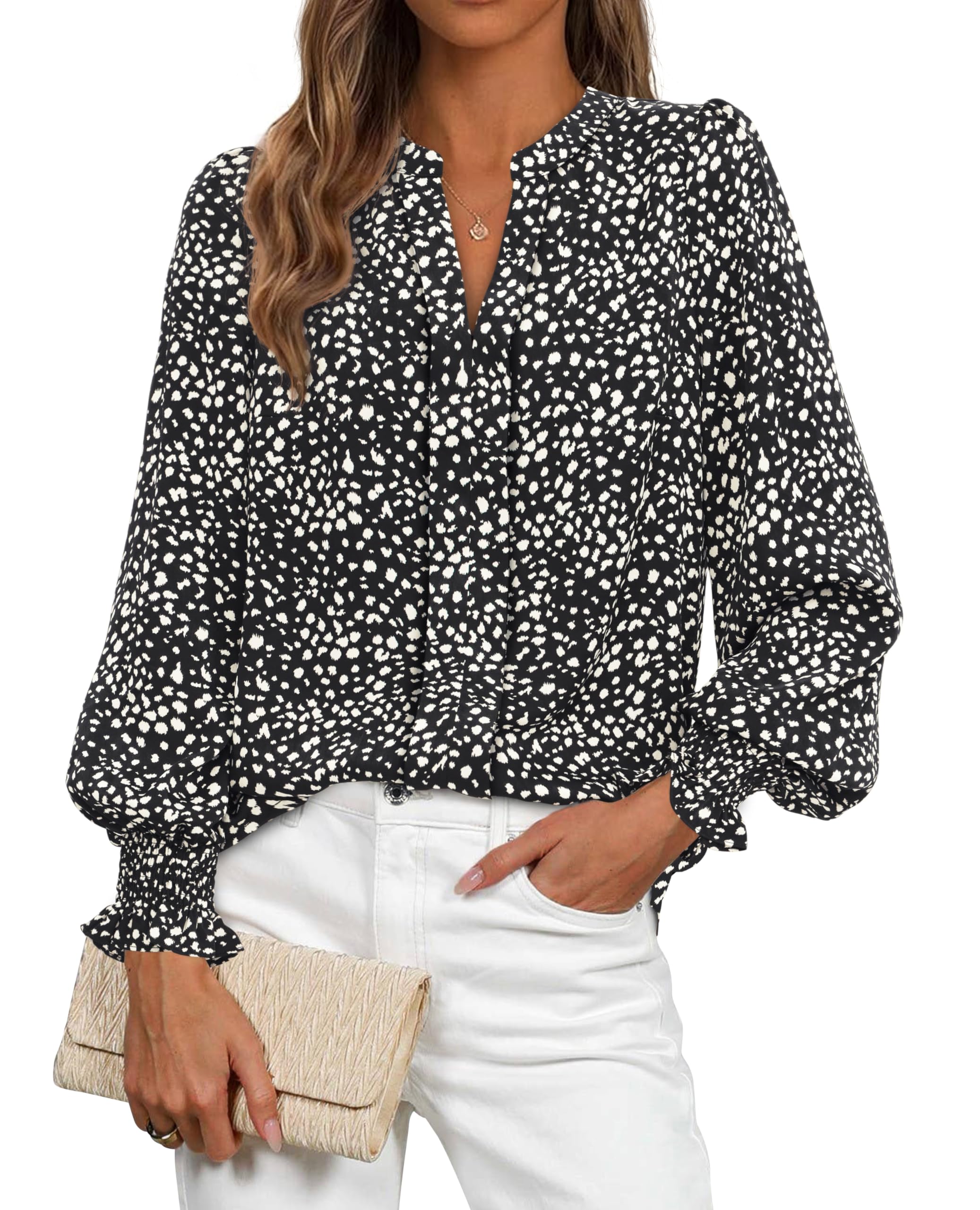 FreshPretty Womens Boho Floral Long Sleeve Tops Fall Fashion V Neck Loose Chiffon Work Blouses Dressy Casual Ruffle Shirts