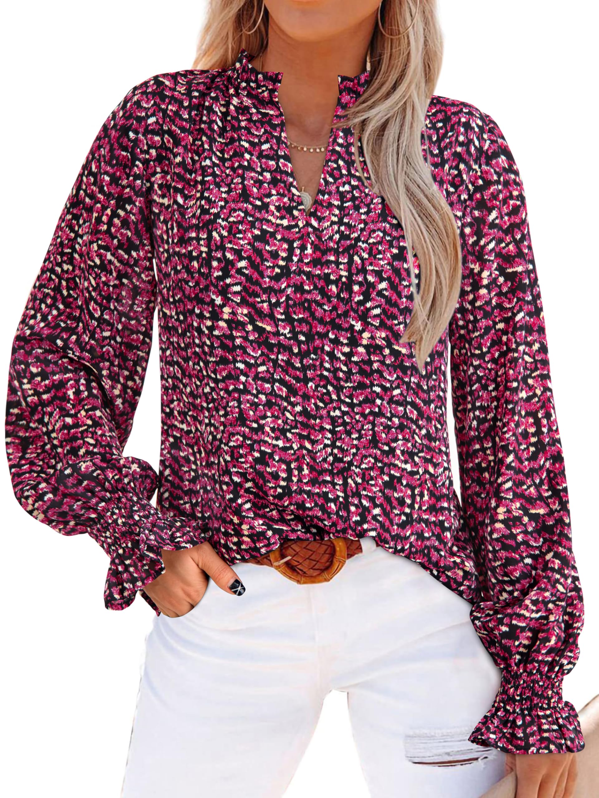 FreshPretty Womens V Neck Floral Long Sleeve Tops Summer Casual Loose Puff Sleeve Chiffon Boho Work Blouse Dressy T Shirts
