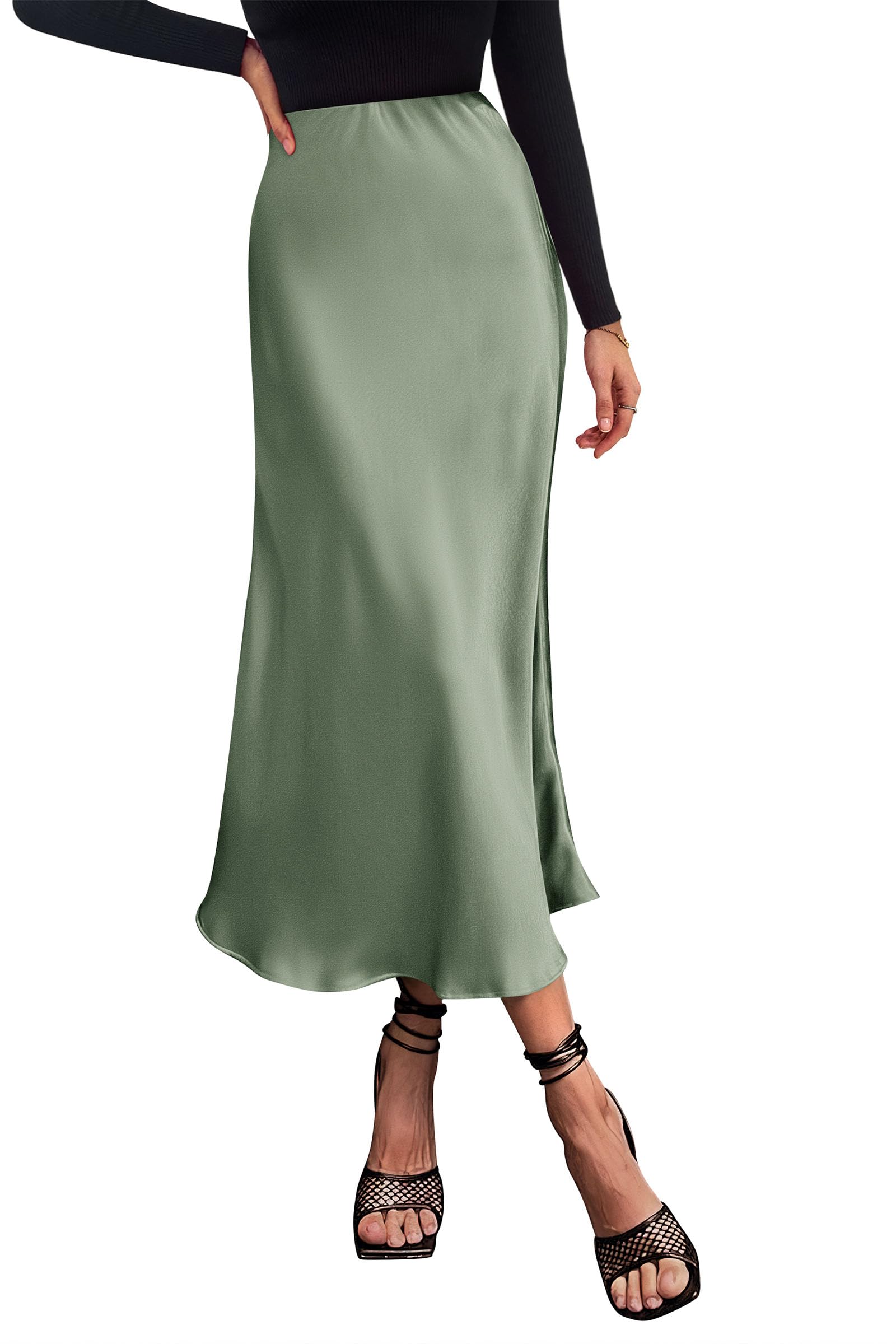 PRETTYGARDEN Women's Satin Skirts Dressy Casual Fall High Waisted Cocktail Wedding Flowy Elegant A Line Midi Skirt