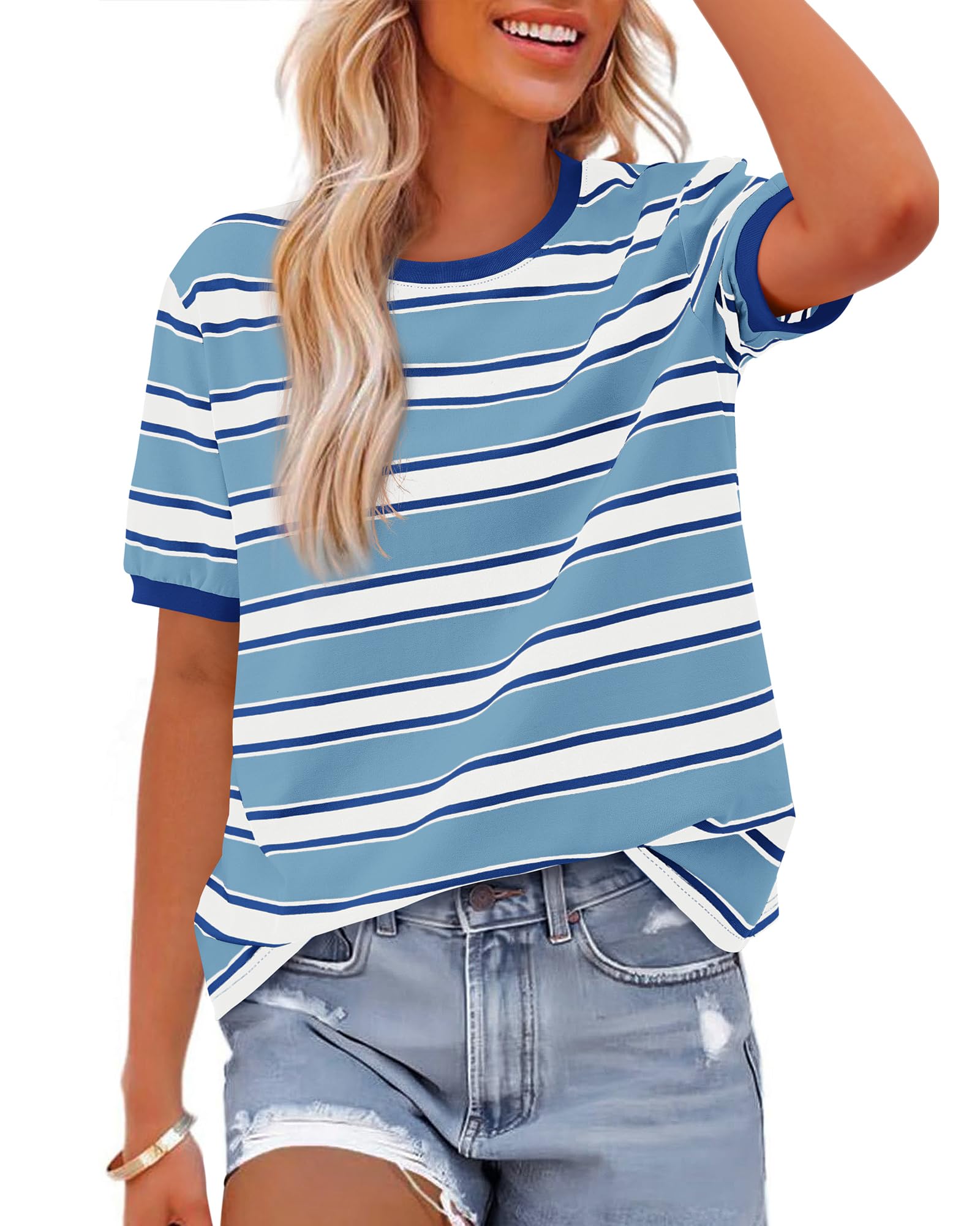 BTFBM Summer Tops for Women Crewneck Short Sleeve Striped T Shirts Casual Spring Clothes Color Block Basic Tee Blouses