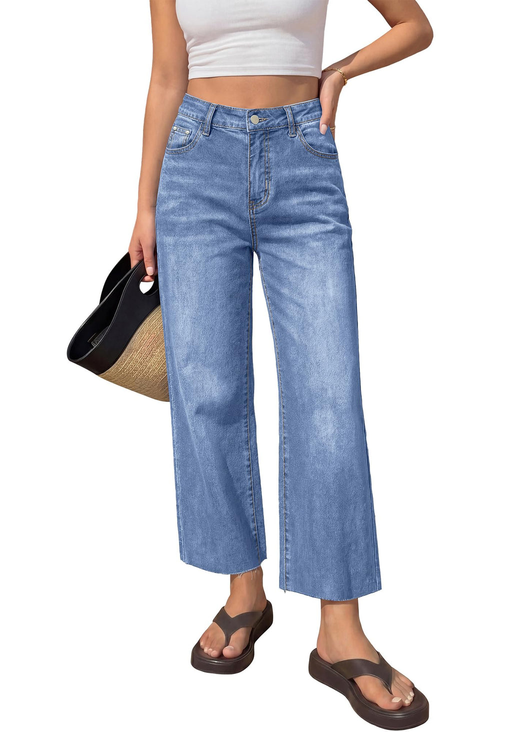 BTFBM Jeans for Women Summer High Waisted Button Straight Leg Stretchy Cropped Raw Hem Trendy Denim Pants Pockets