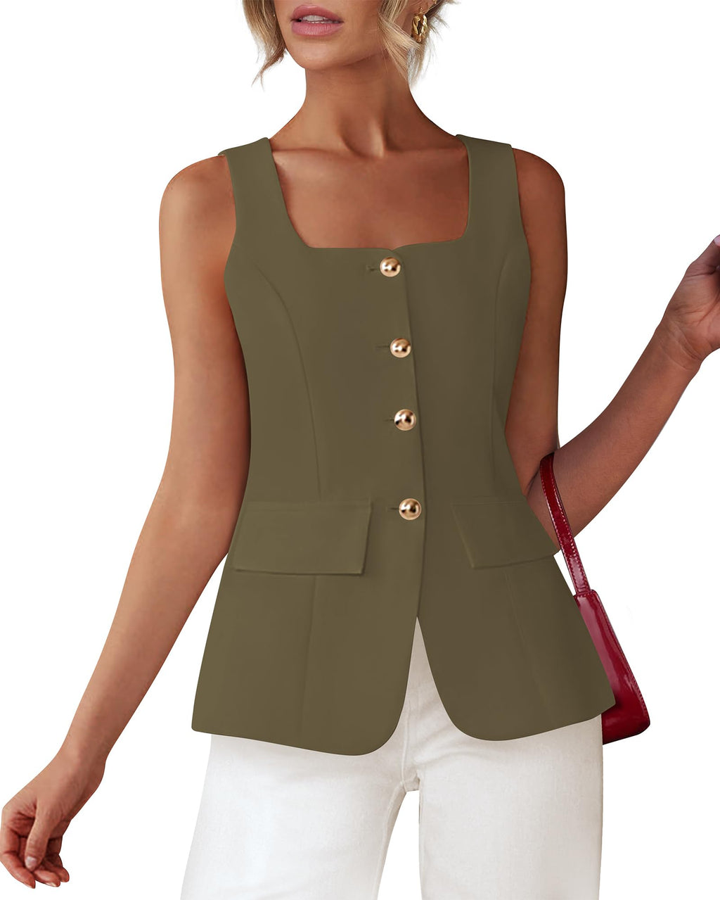 BTFBM Womens Sleeveless Suit Vests Dressy Casual Square Neck Business Work Waistcoat Spring Button Blazer Vest Tops