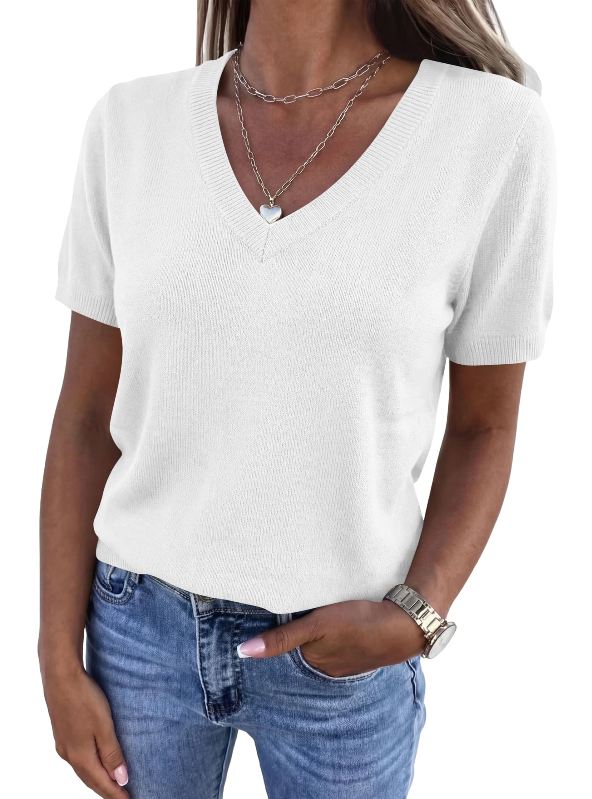 PRETTYGARDEN Womens Short Sleeve Sweater V Neck Trendy Pullover Tops Summer Spring Loose Lightweight Casual Blouse