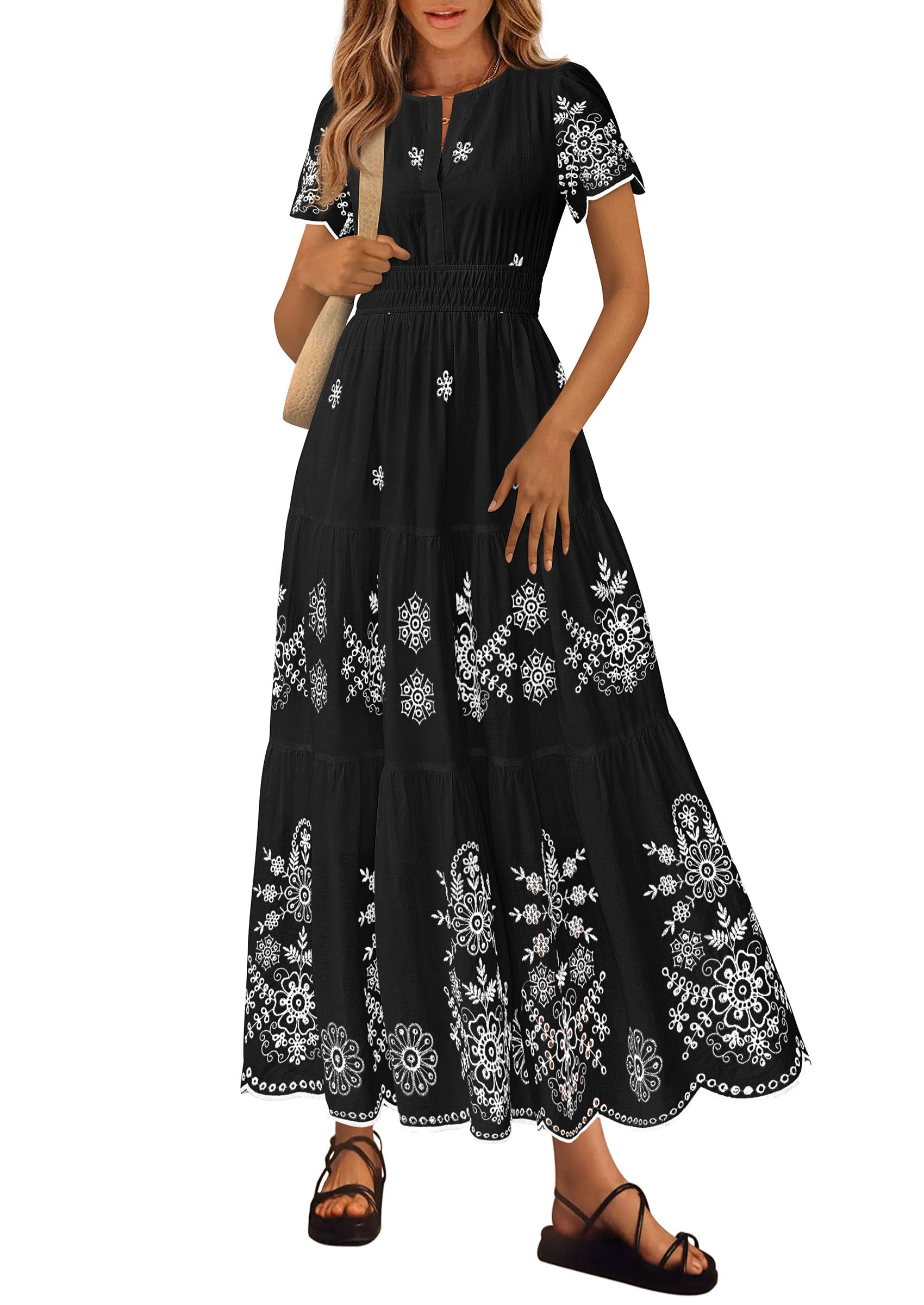PRETTYGARDEN Boho Dresses for Women Summer Spring Casual Floral Short Sleeve V Neck Maxi Elastic Waist Dress Pockets