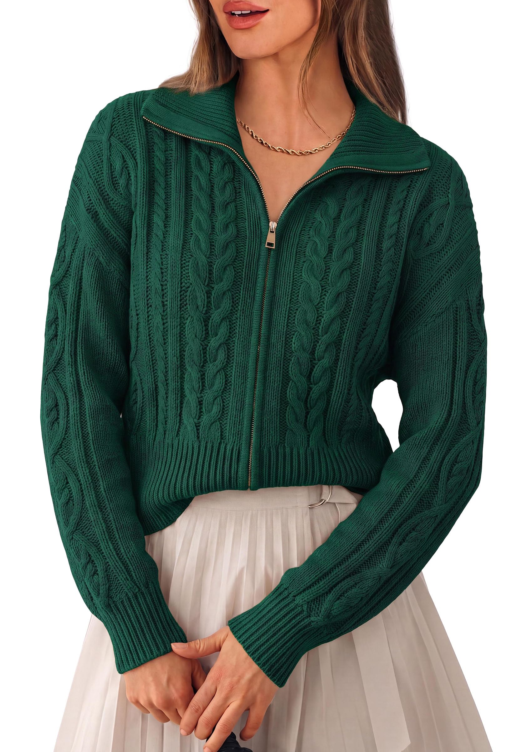 PRETTYGARDEN Women's Cable Knit Cropped Cardigan Sweaters Oversized Sweater, Long Sleeve Zip Up Jacket, Collared Neck, Ribbed Hem, Cozy Soft Casual Wear, Fall Clothes Winter Outerwear