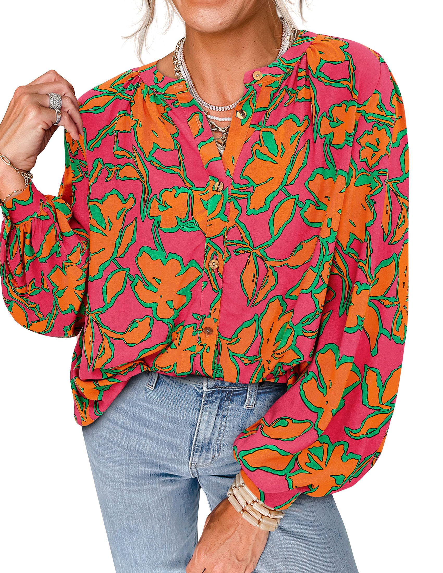 PRETTYGARDEN Women's Floral Button Down Blouse Fall Fashion Dressy Casual Long Sleeve Oversized Shirts Top Boho Clothes