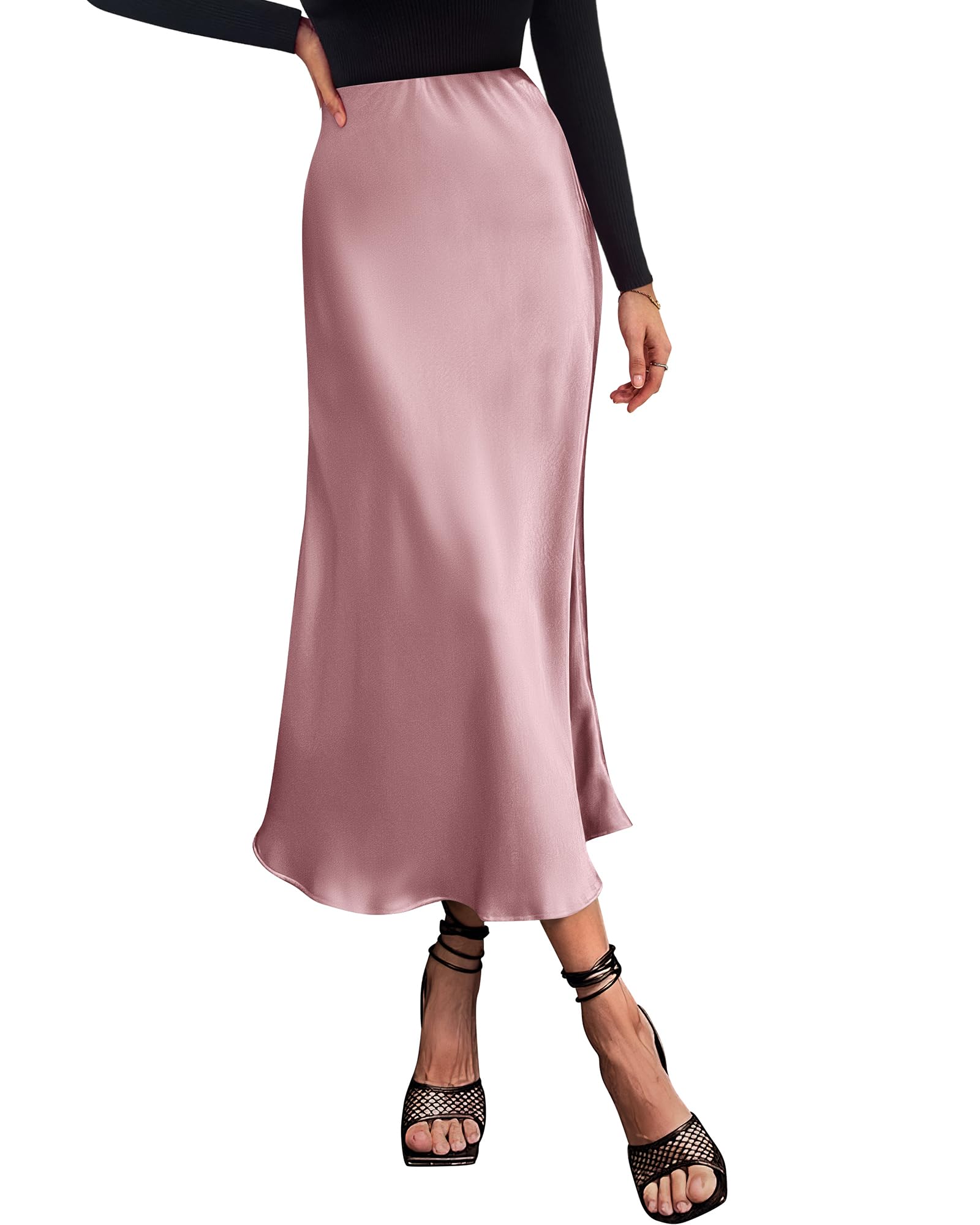BTFBM Summer Womens Skirts Silk Elegant High Waist Flowy Long Satin A-Line Midi Skirt Cocktail Wedding Party