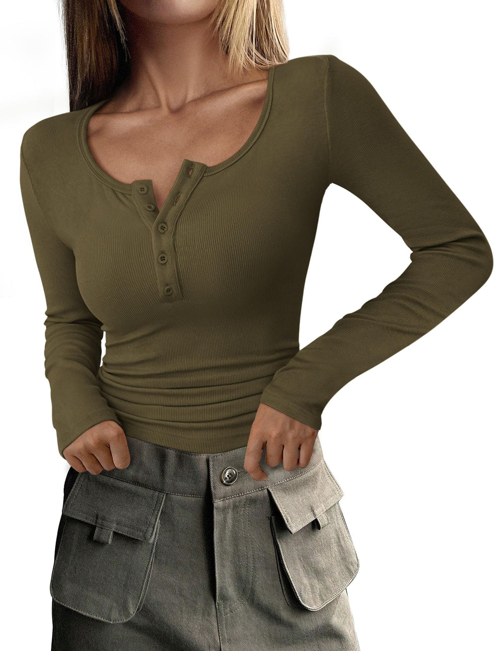 PRETTYGARDEN Women's Fall Long Sleeve Henley T Shirts Button Ribbed Knit Slim Fit Basic Tops Blouse Casual Outfits