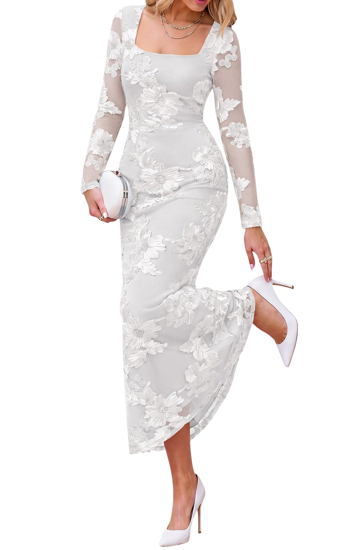 BTFBM Womens Long Sleeve Bodycon Floral Mesh Maxi Fall Wedding Guest Dress Semi Formal Dresses For Bridal Shower, Engagement, Cocktail, Homecoming, Prom, Birthday Party, Date Night Outfits, Lined