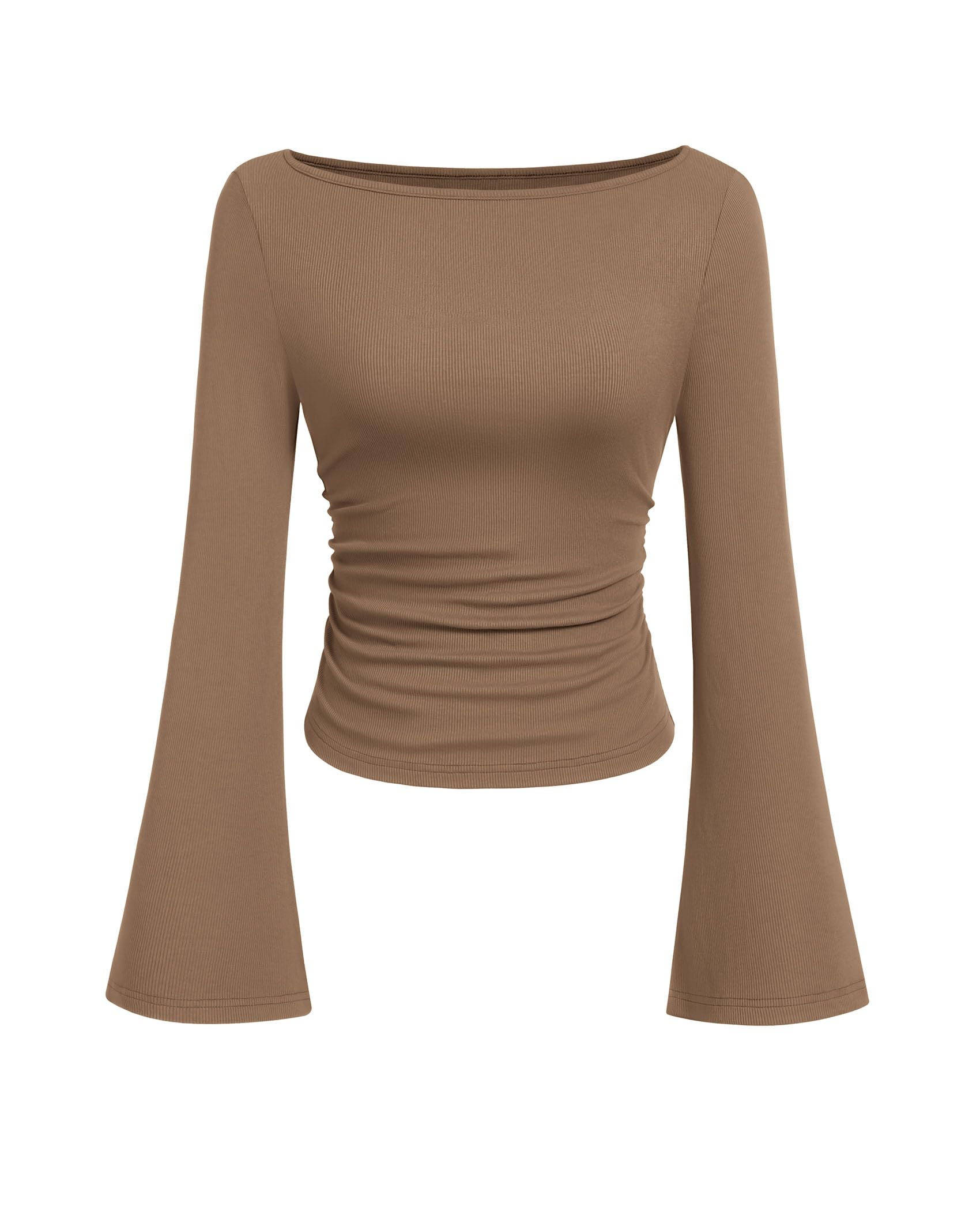 PRETTYGARDEN Women's Long Sleeve Shirts Fall Crop Going Out Tops Casual Boat Neck Bell Sleeve Ribbed Ruched Y2K Clothes