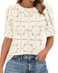 FreshPretty Lace Tops for Women Blouses Dressy Casual Boho Eyelet Puff Short Sleeve Shirts Spring Summer Clothes Vacation Outfits