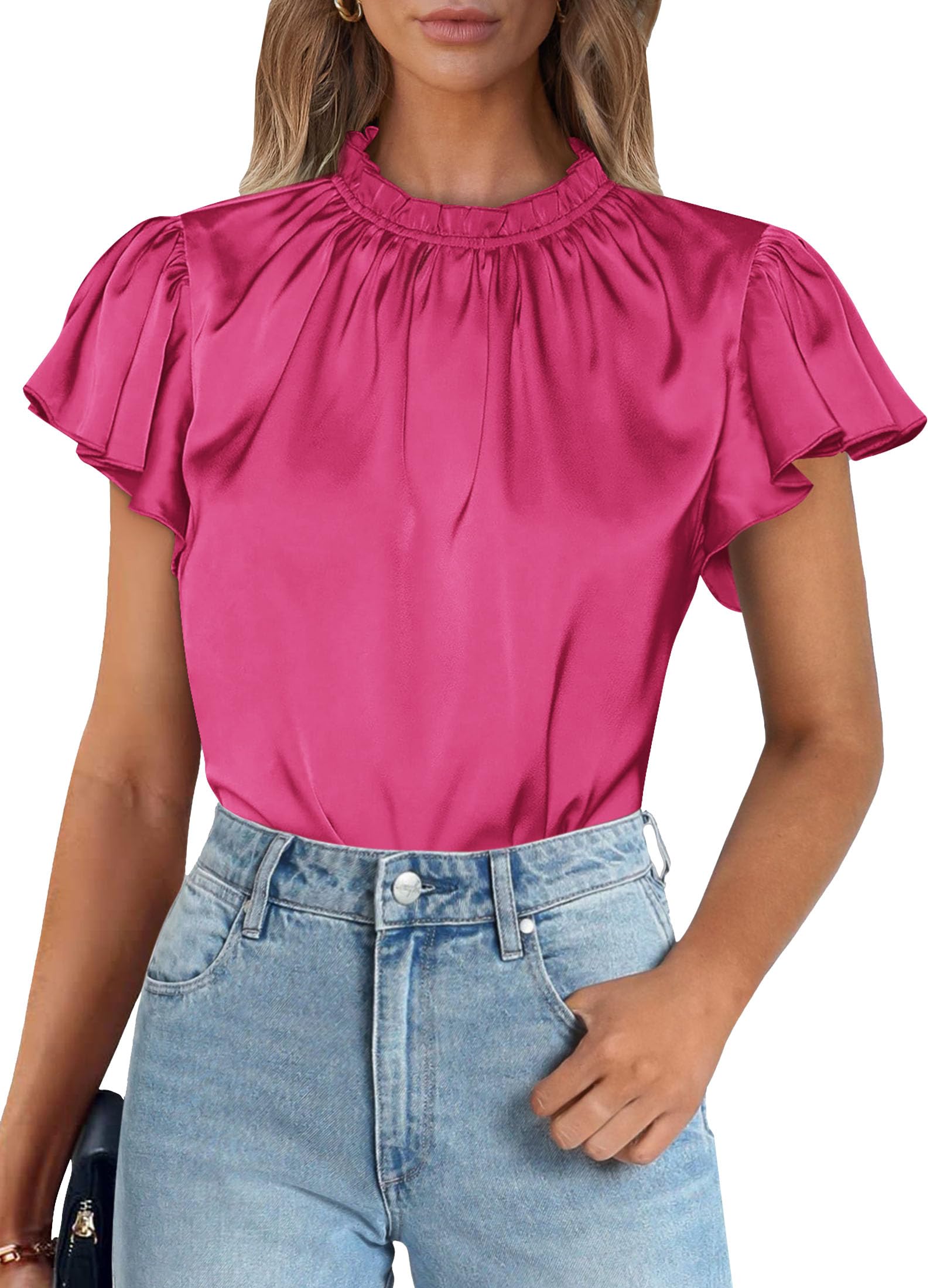 PRETTYGARDEN Business Casual Tops for Women Blouses Dressy  Summer Short Sleeve Ruffle Satin Work Office Attire