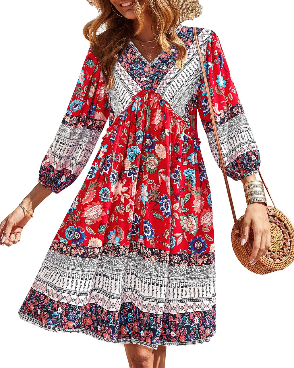 BTFBM Women Casual Spring Summer Dresses V Neck 3/4 Long Sleeve Ruffle Floral Flowy Boho Babydoll Mini Short Beach Dress