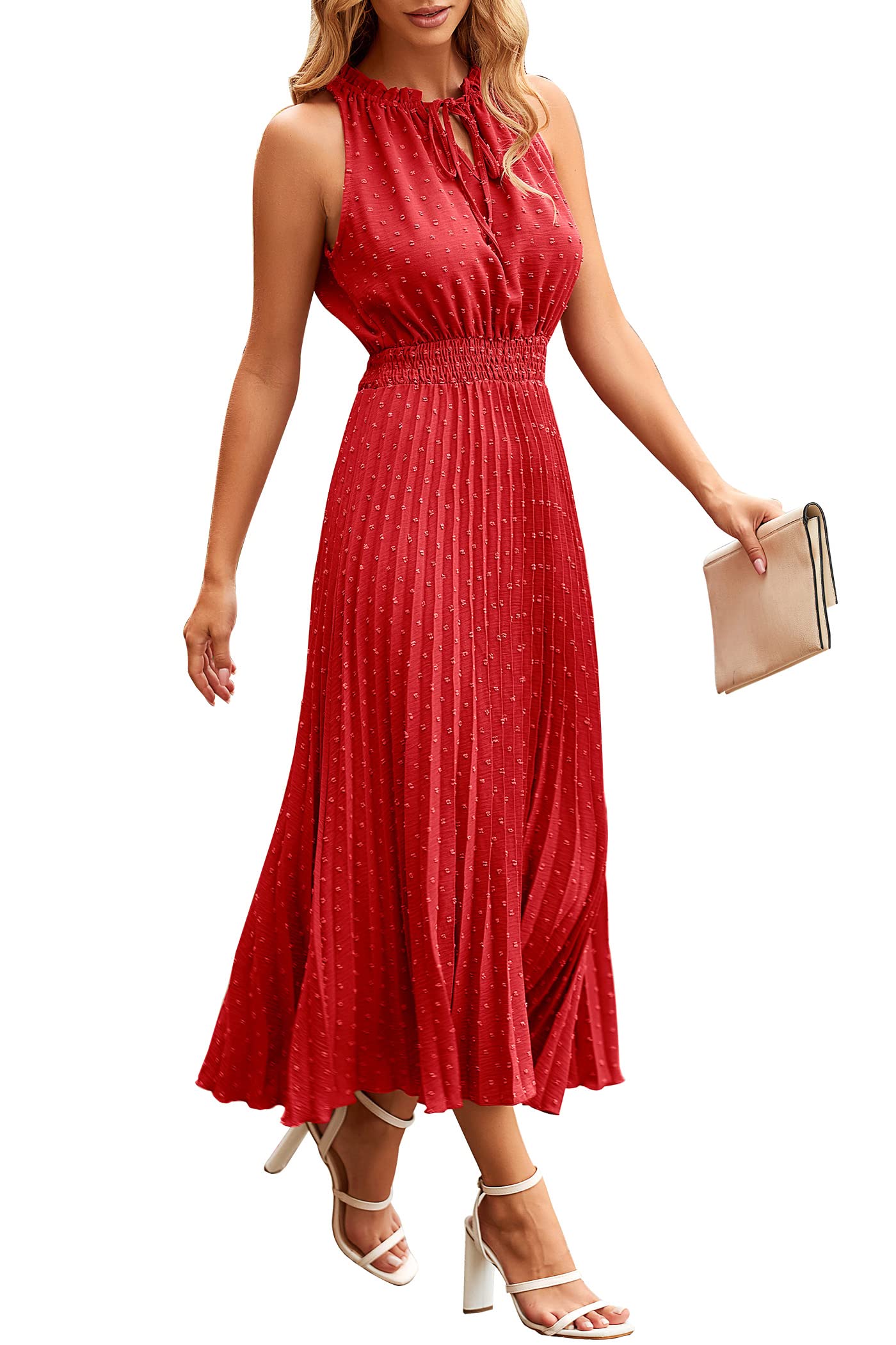PRETTYGARDEN Women's Midi Summer Dresses Casual V Neck Swiss Dot Ruffle Sleeveless A Line Beach Sun Dress