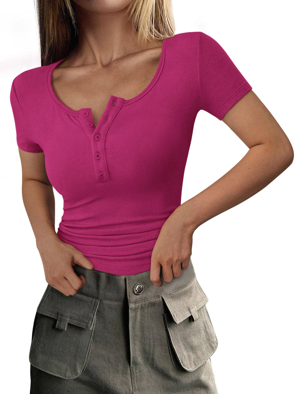PRETTYGARDEN Women's  Fall Summer Short Sleeve Tops Ribbed Henley Button Slim Fit Basic Casual T Shirts Blouse Clothing