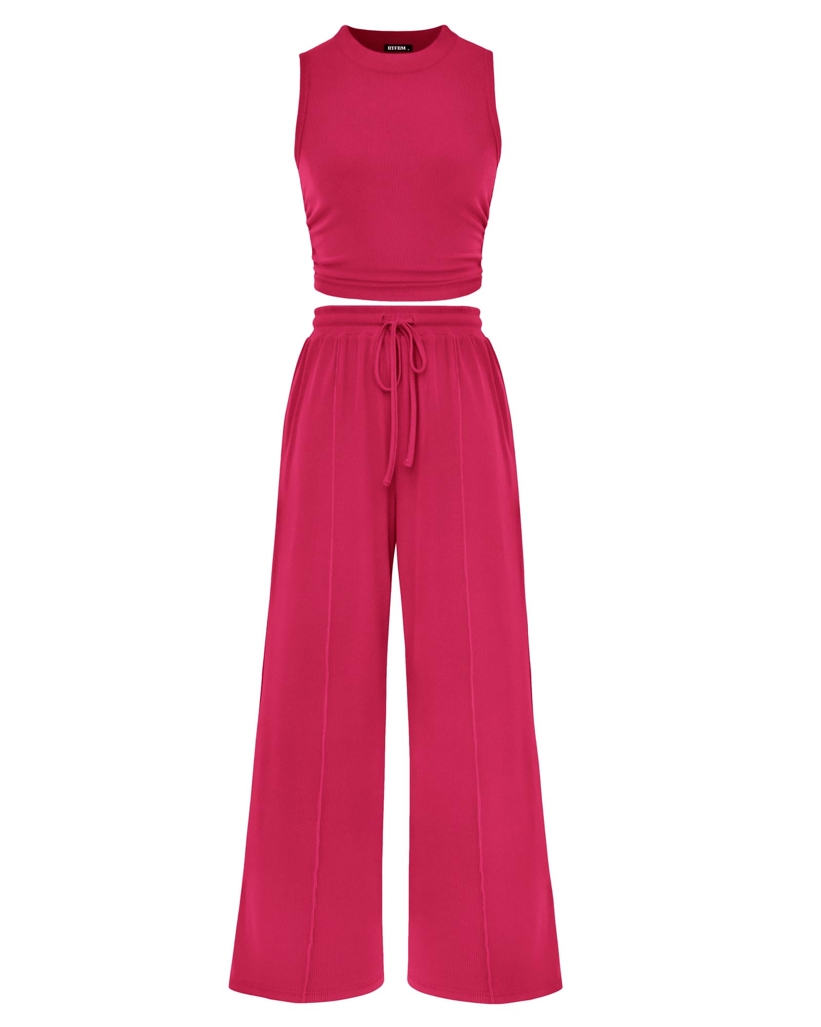 BTFBM Summer Outfits For Women Cropped Sleeveless Tank Tops Wide Leg Pants 2 Piece Sets Beach Lounge Set Clothing