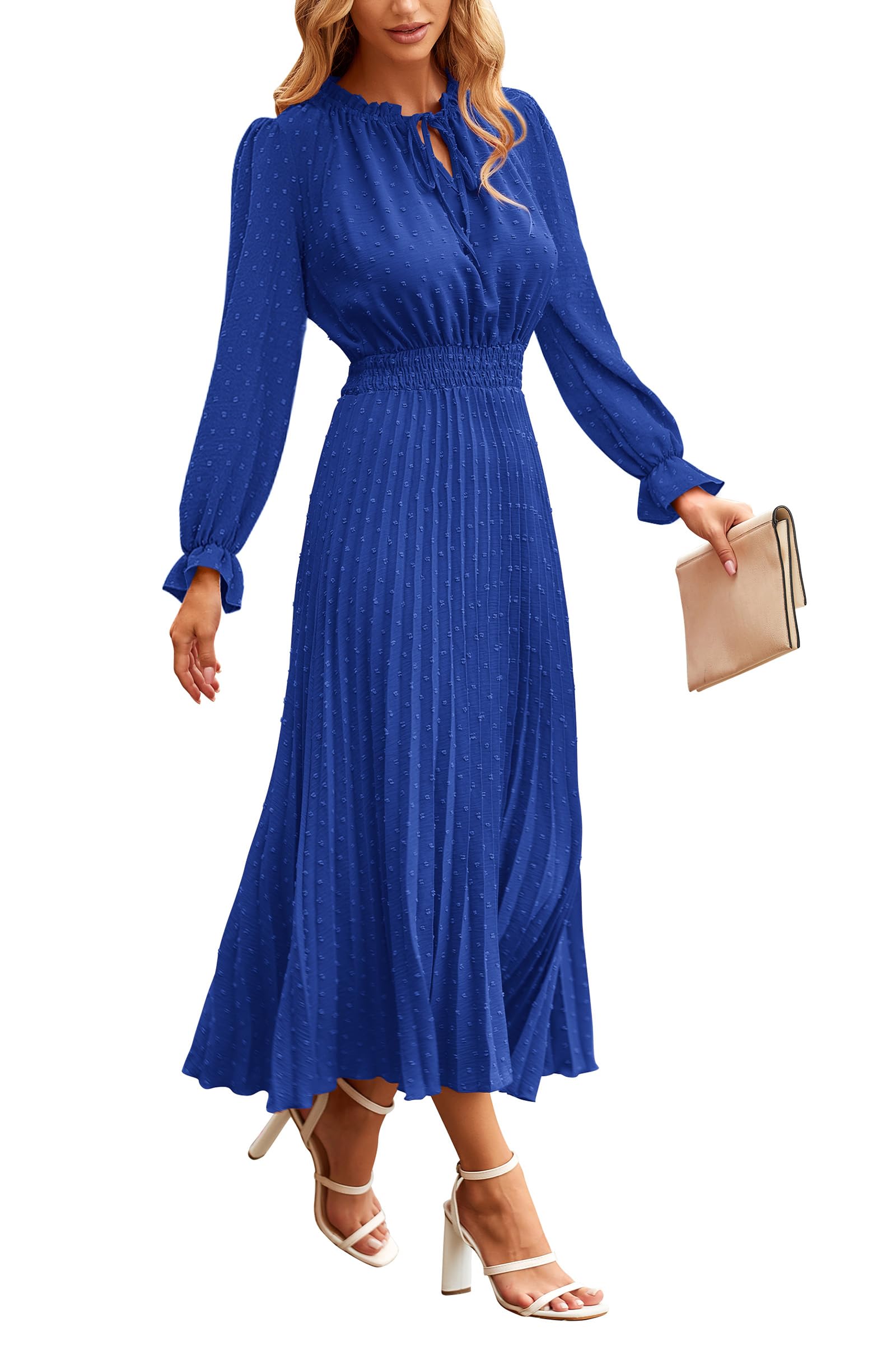 PRETTYGARDEN Women's Spring Fall Midi Dress Casual Long Sleeve V Neck Swiss Dot Pleated A Line Flowy Dresses