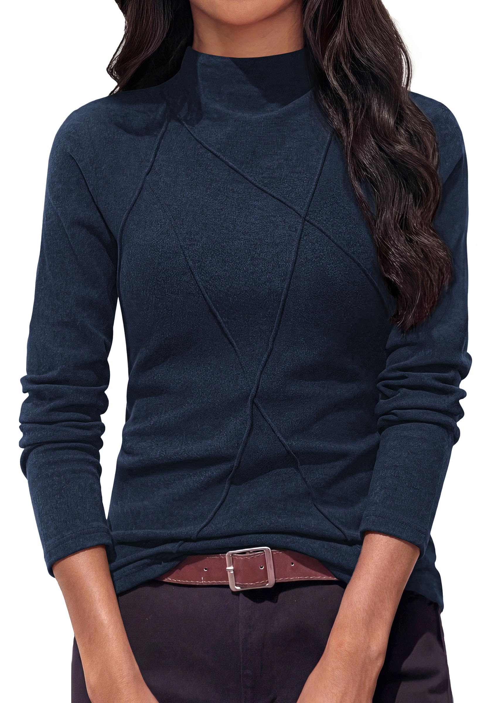 PRETTYGARDEN Women's Fall Mock Neck Long Sleeve Shirts | Soft Stretchy Knit,Geometric Seam Stitching,Slim Fitted Basic Tees,Thermal Casual Wear,Daily Work Layering Winter Tunic Top