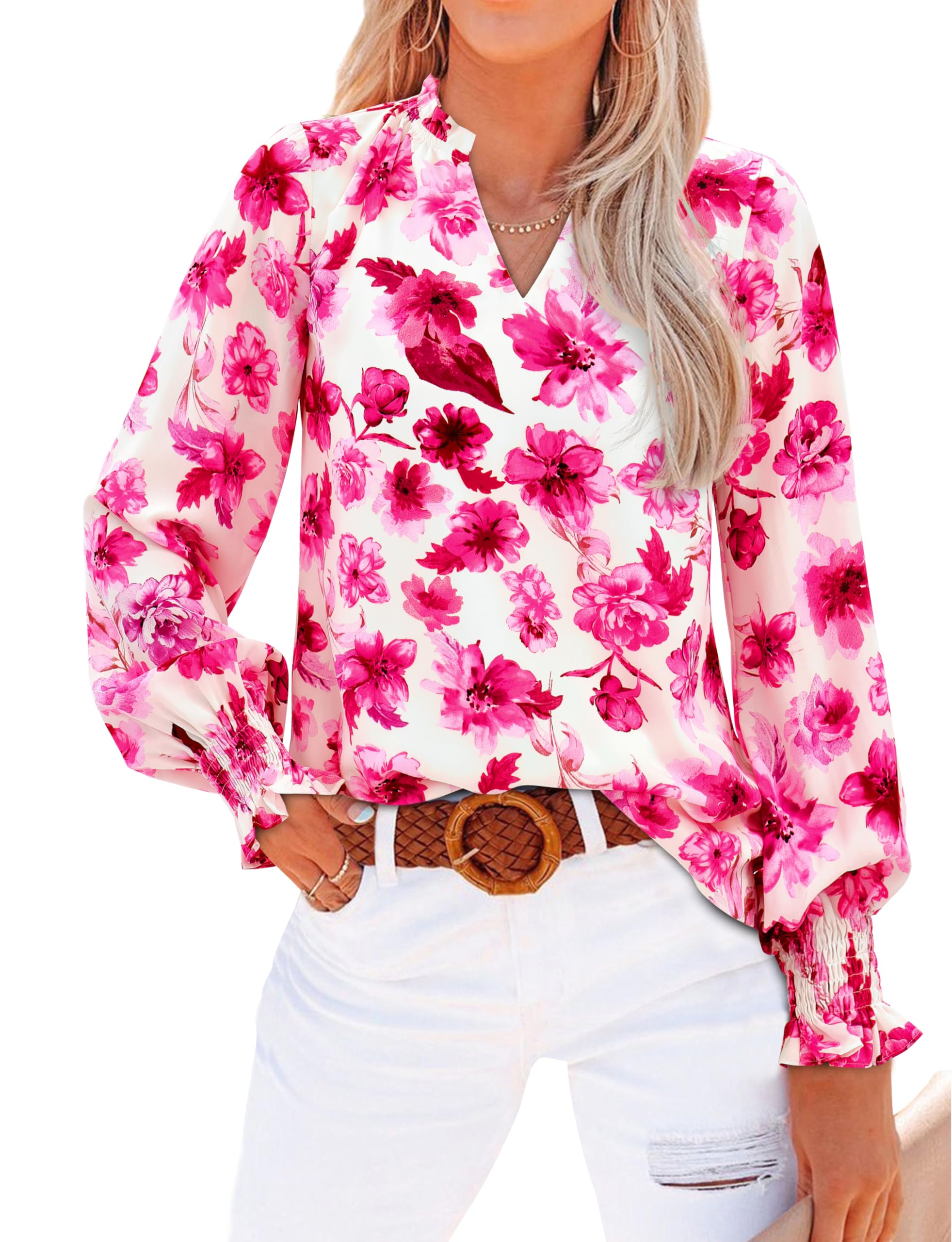 FreshPretty Womens V Neck Floral Long Sleeve Tops Summer Casual Loose Puff Sleeve Chiffon Boho Work Blouse Dressy T Shirts
