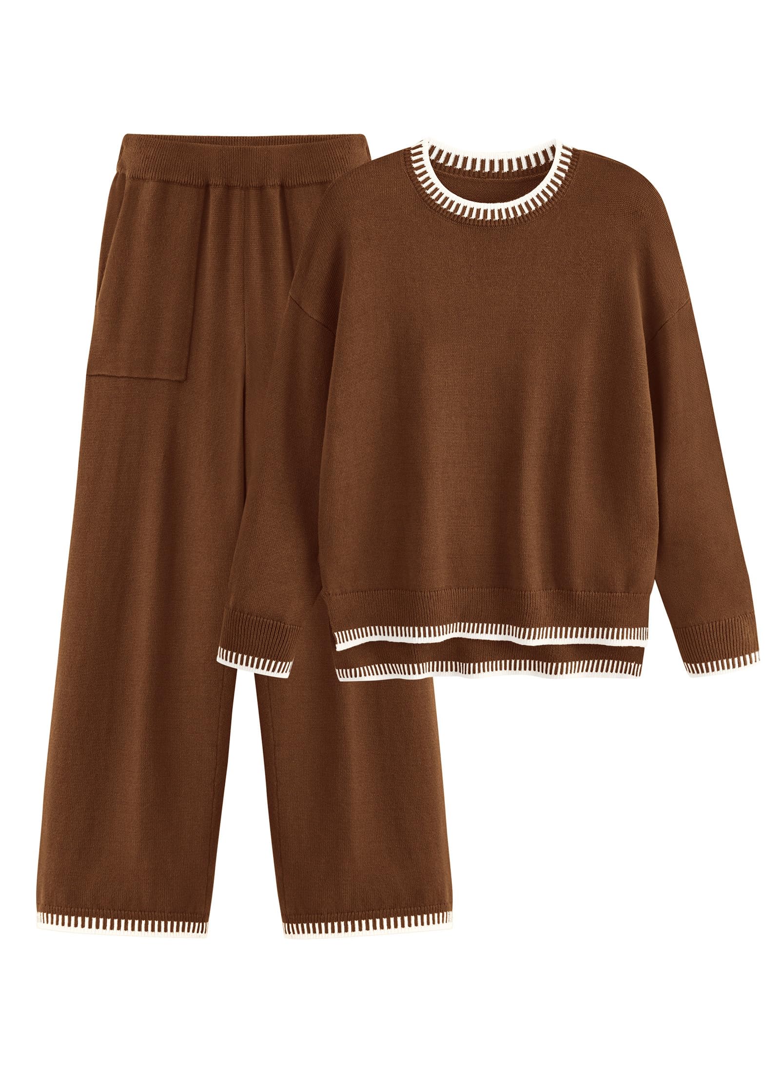 PRETTYGARDEN Women's 2 Piece Knit Sweater Outfit Casual Long Sleeve Pullover Wide Leg Pants Tracksuit Loungewear Set