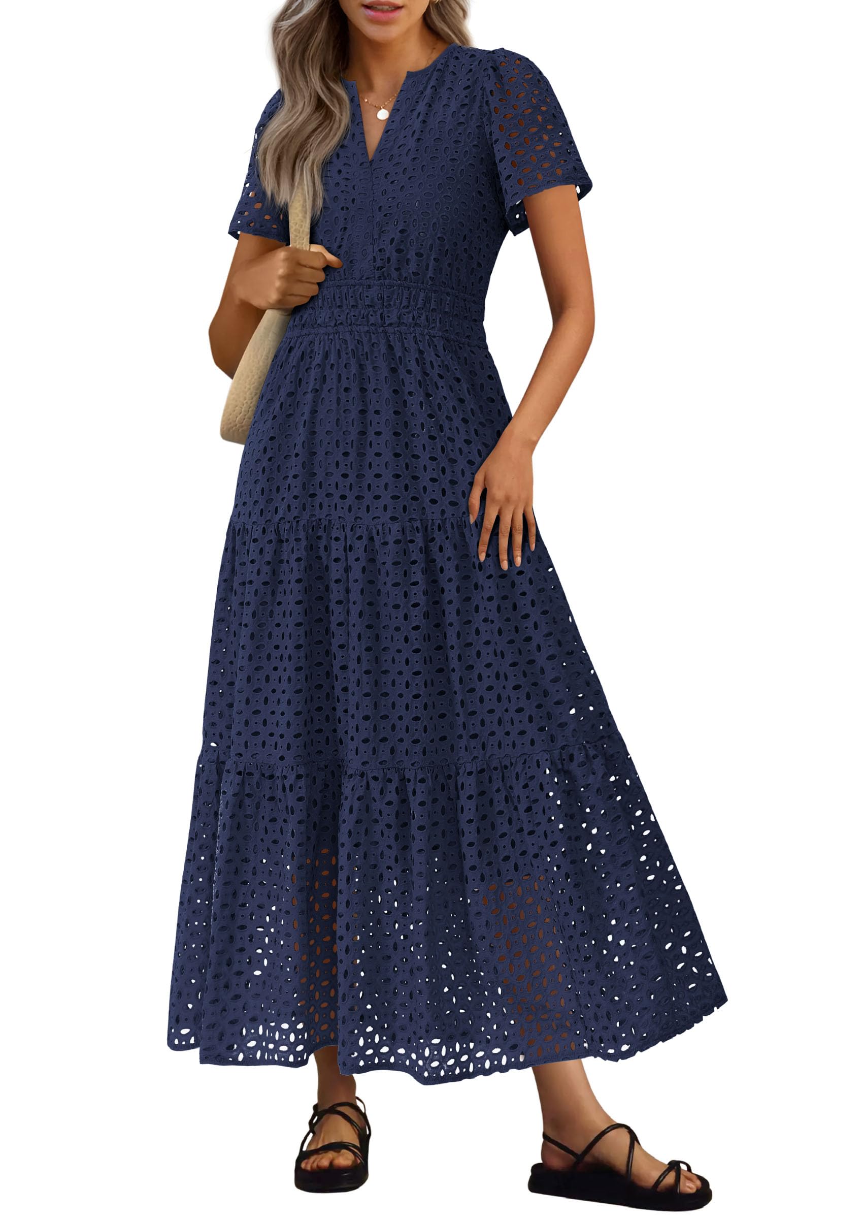 PRETTYGARDEN Womens Summer Maxi Dress Short Sleeve V Neck Hollow Out Eyelet A Line Long Flowy Beach Vacation Dresses