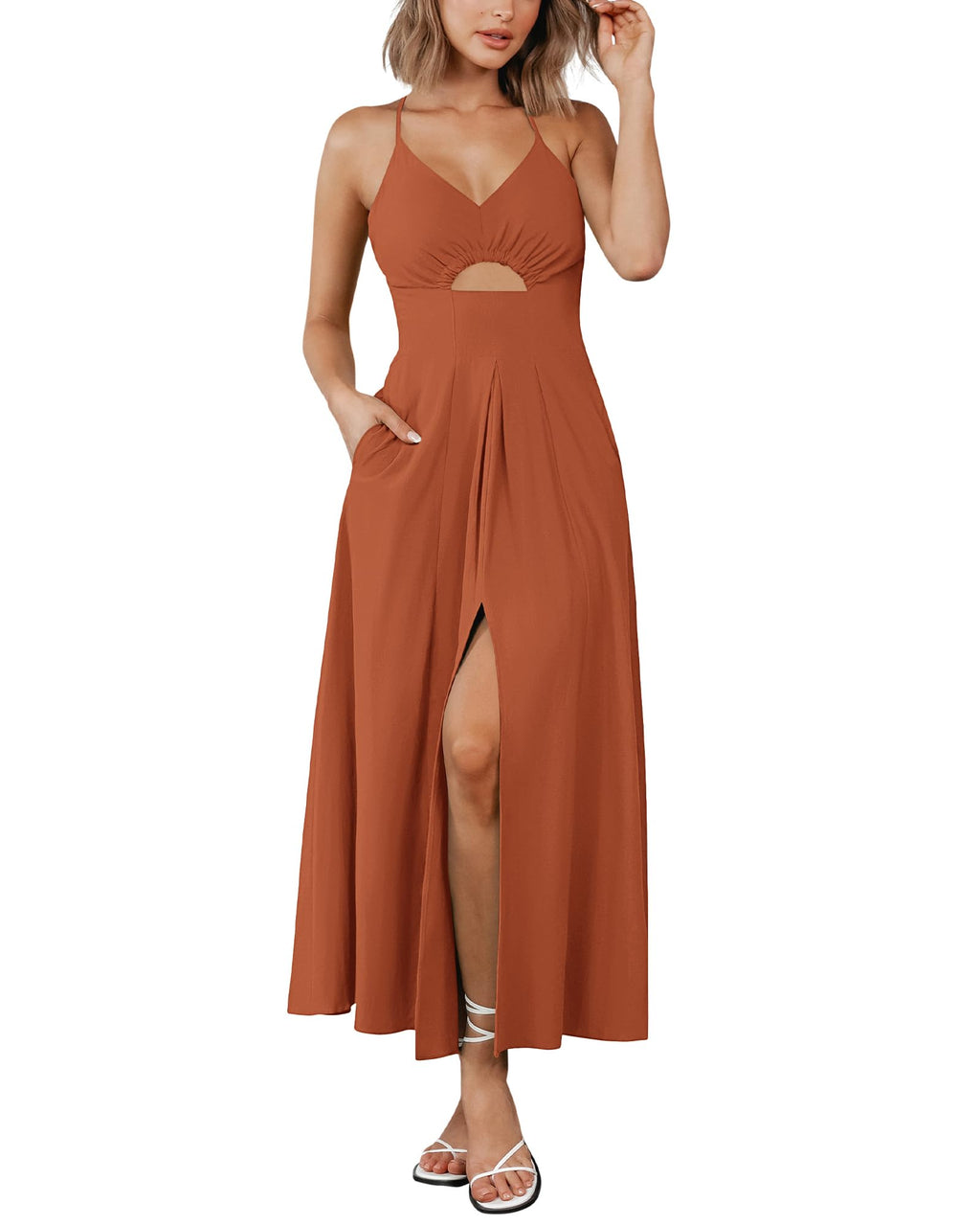 BTFBM Women Spaghetti Strap Midi Summer Dresses Sleeveless V Neck Cutout Slit Casual Beach Party Maxi Dress Pockets